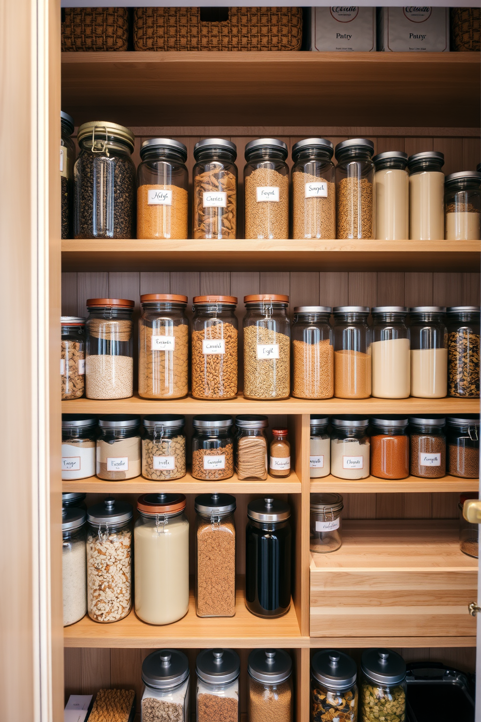 A beautifully organized closet pantry featuring glass jars filled with an array of dry goods. The shelves are made of natural wood, creating a warm and inviting atmosphere, while the jars are neatly labeled for easy access.