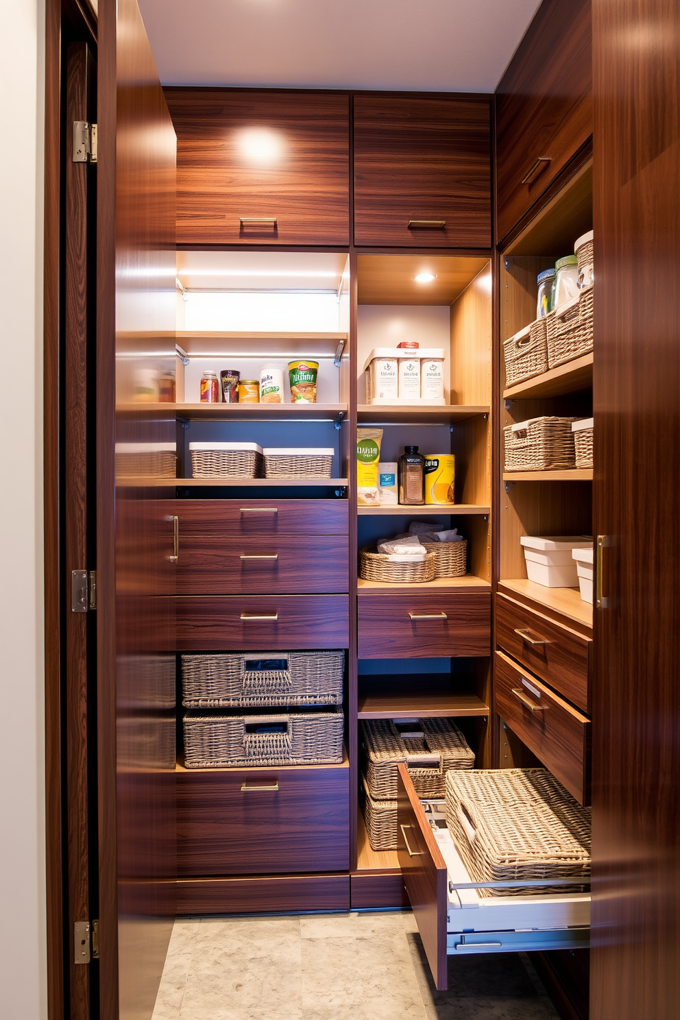 A stylish closet pantry featuring hidden drawers for secret storage. The cabinetry is crafted from rich wood with a sleek finish, and the drawers blend seamlessly into the design, providing a clean and organized look. Inside the pantry, there are spacious shelves for storing dry goods, with pull-out baskets for easy access. Soft LED lighting illuminates the space, highlighting the elegant design and ensuring everything is easily visible.