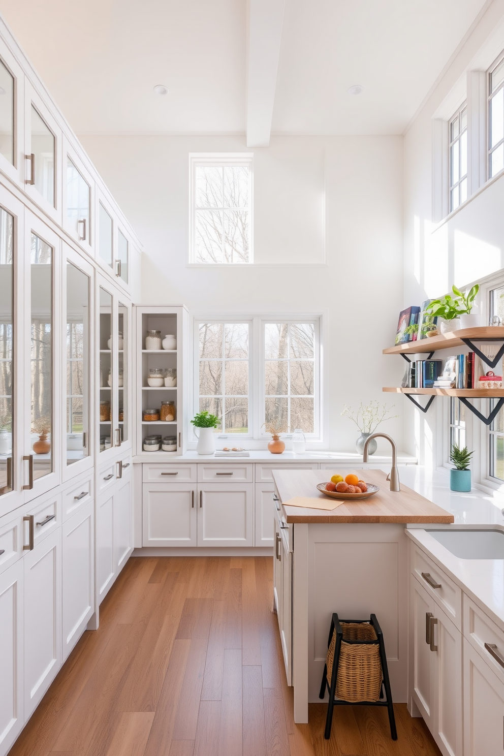 An open concept pantry designed to create an airy feel with ample natural light streaming through large windows. The space features white shaker cabinets with glass fronts, showcasing neatly organized jars and containers. A central island provides additional storage and workspace, topped with a light wood countertop. The walls are painted in a soft pastel hue, and decorative open shelving displays cookbooks and plants for a welcoming touch.