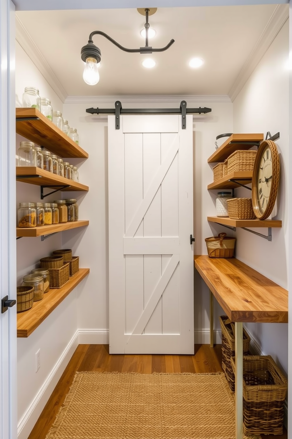 A cozy farmhouse pantry featuring open wooden shelves filled with mason jars and rustic baskets. The walls are painted in a soft white, and a reclaimed wood countertop provides a warm workspace. A sliding barn door adds character, while vintage light fixtures hang overhead, illuminating the space. A woven rug lies on the floor, enhancing the inviting atmosphere of this charming closet pantry design.