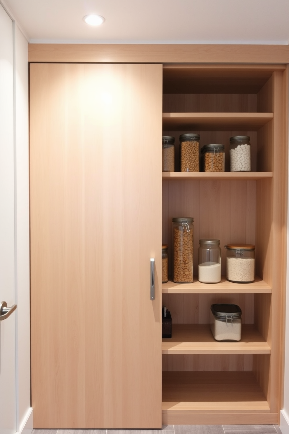 A minimalist closet pantry features clean lines and a streamlined aesthetic. Shelving is made of light wood, creating an airy feel, while glass containers neatly display dry goods. The pantry door is a simple sliding design, allowing easy access without clutter. Soft, ambient lighting highlights the organized layout and enhances the overall simplicity of the space.