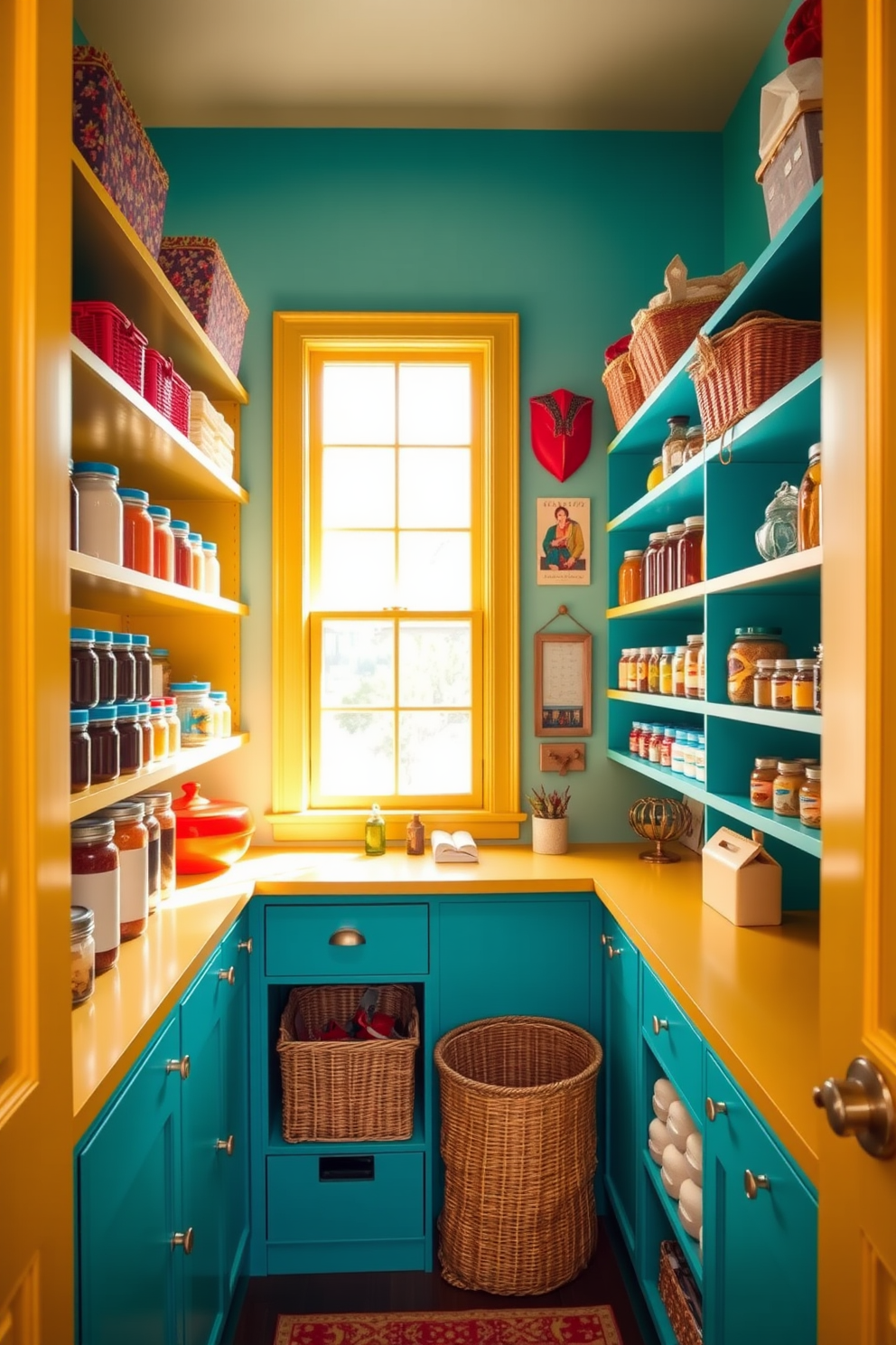 A vibrant closet pantry filled with bright colors that energize the space. The shelves are painted in cheerful shades of yellow and turquoise, showcasing neatly organized jars and containers. A large window allows natural light to flood in, enhancing the lively atmosphere. Decorative elements like colorful baskets and wall art add personality to the pantry.