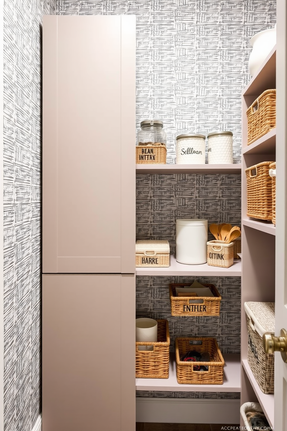 Textured wallpaper adds depth and character to any closet pantry space. Choose a pattern that complements the cabinetry and enhances the overall aesthetic. Incorporate open shelving for easy access to items while maintaining a clean look. Use decorative baskets and containers to organize pantry essentials stylishly.