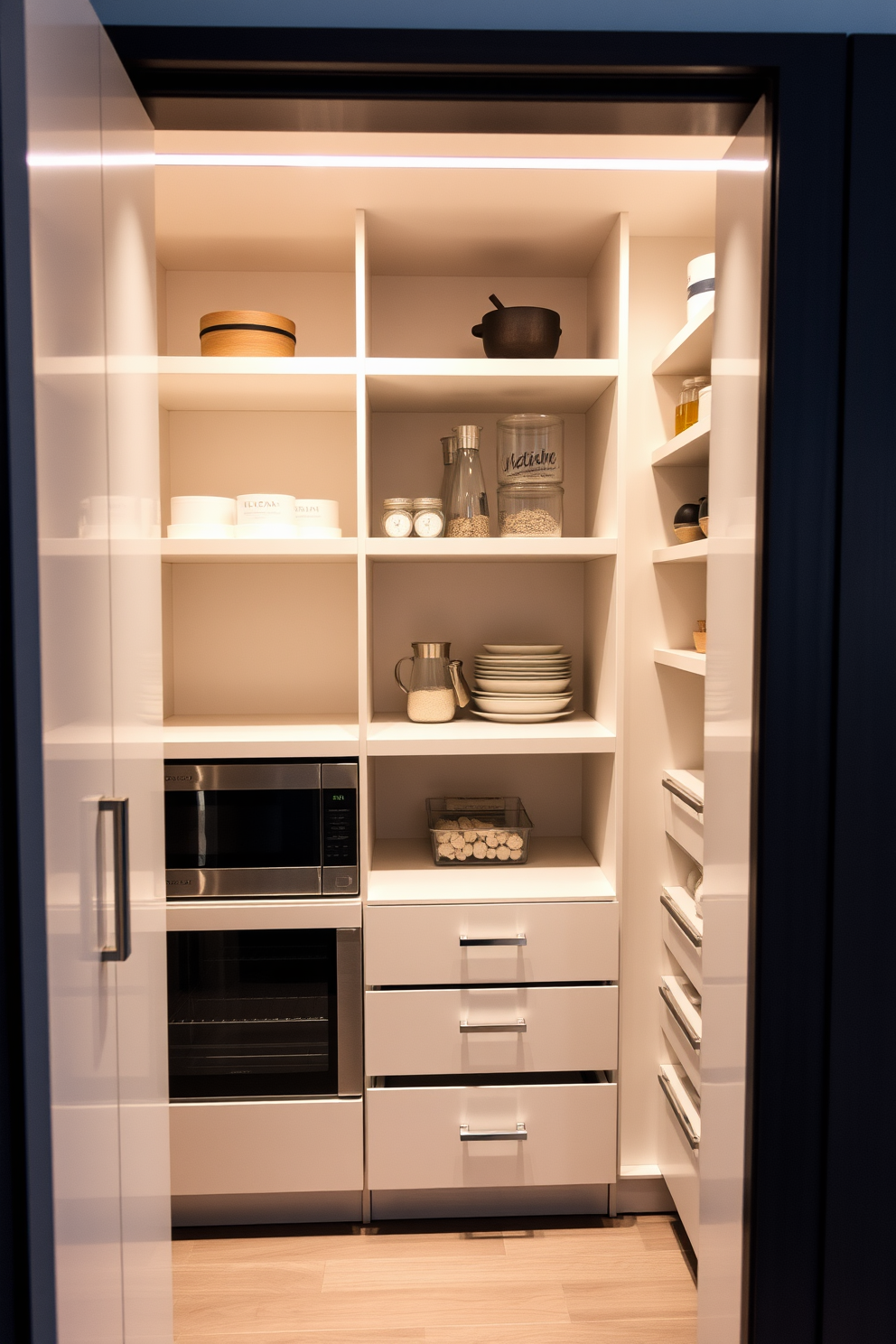 A sleek closet pantry features integrated appliances seamlessly blending into the cabinetry. The space is designed with open shelving for easy access to essentials and a minimalist aesthetic that enhances functionality. The pantry showcases a combination of pull-out drawers and hidden compartments for optimal organization. Soft lighting illuminates the area, highlighting the modern finishes and clean lines throughout the design.