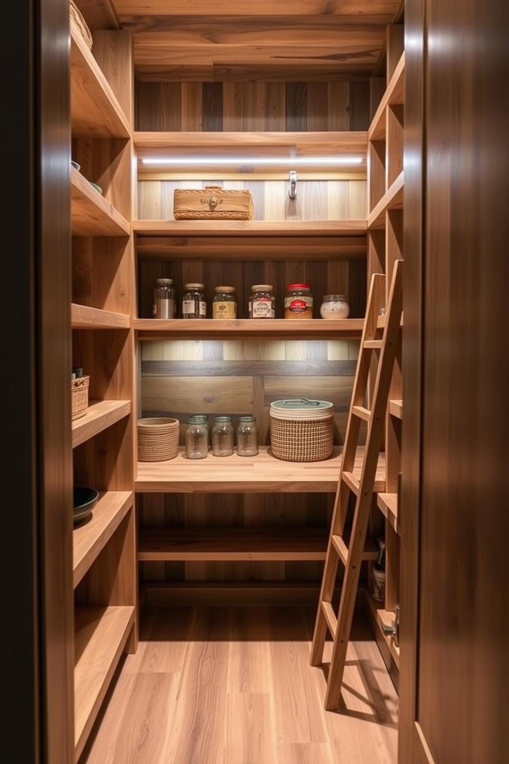 A cozy closet pantry featuring natural wood finishes that create a warm and inviting atmosphere. The shelves are crafted from reclaimed wood, showcasing a rustic charm while providing ample storage for kitchen essentials. Soft ambient lighting enhances the natural grain of the wood, creating a serene space for organization. A small wooden ladder leans against the shelves, adding both functionality and a touch of character to the design.