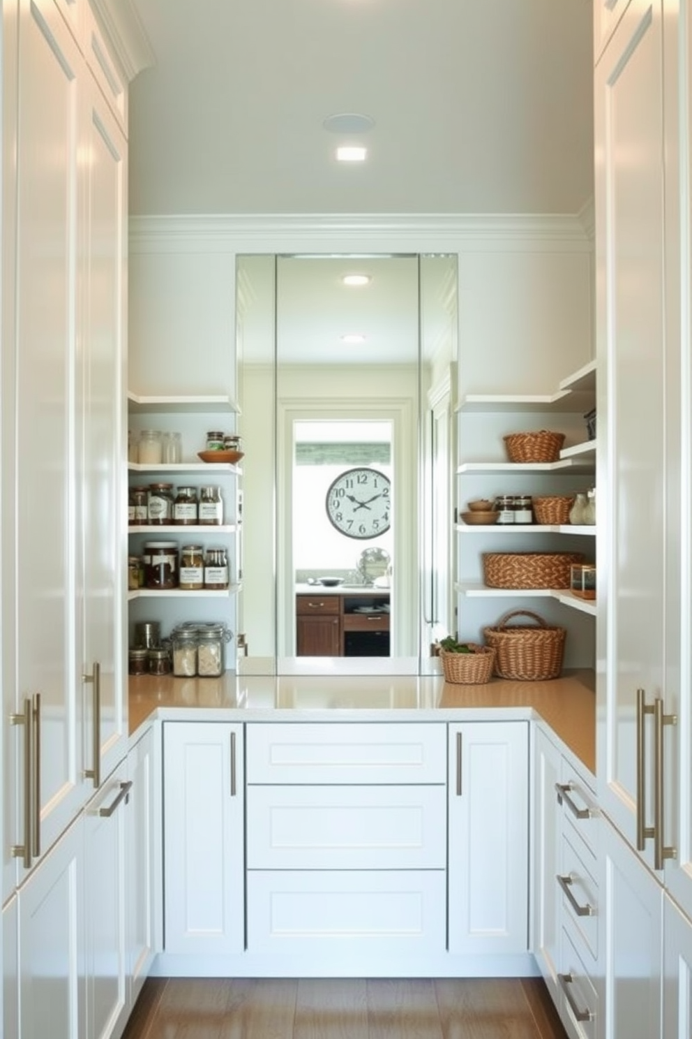 A stylish closet pantry featuring creative use of mirrors to expand the space. The walls are lined with sleek cabinetry in a soft white finish, reflecting light and enhancing the bright atmosphere. In the center, a large mirror is mounted on the back wall, visually doubling the depth of the pantry. Open shelving displays neatly organized jars and spices, with decorative baskets adding texture and warmth.