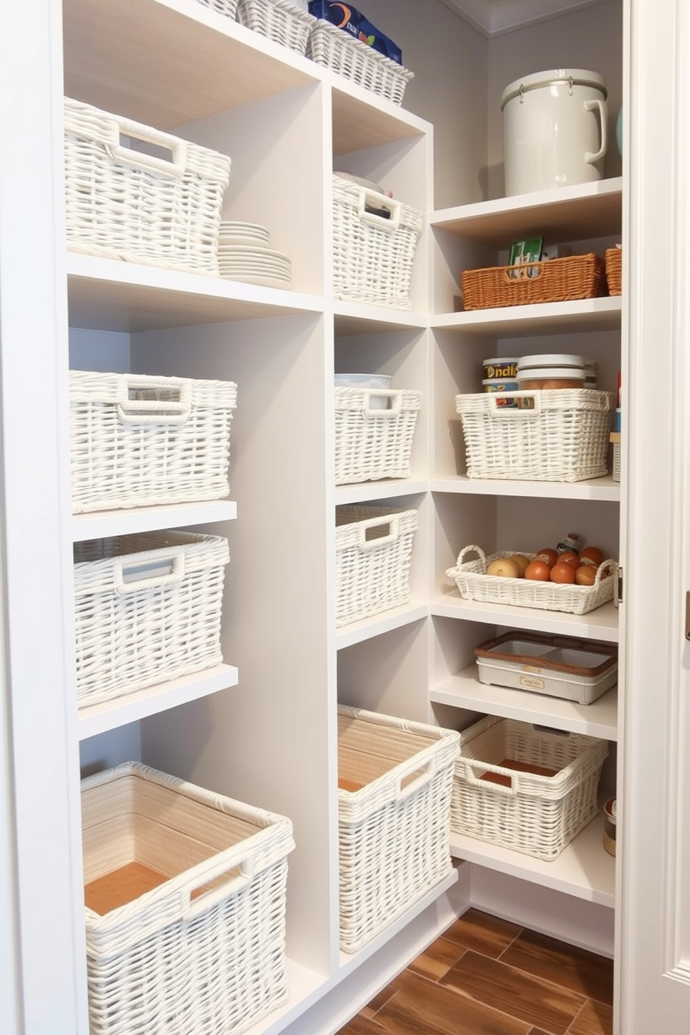 A stylish closet pantry showcases pull-out baskets seamlessly integrated into the shelving for hidden storage. The design features a clean layout with ample space for organizing dry goods, and each basket is easily accessible for convenience.