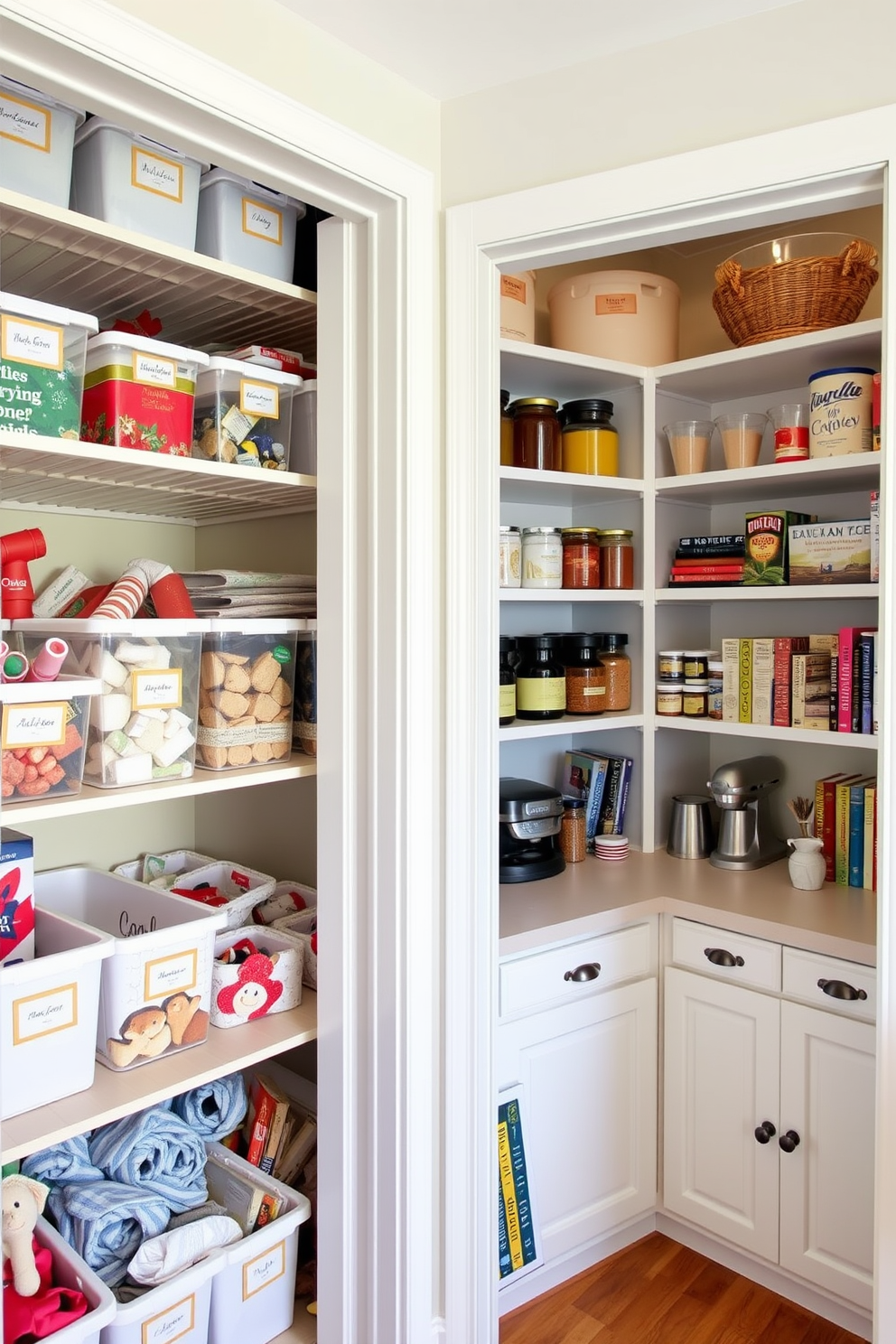 A well-organized closet for seasonal storage of holiday items. Shelves are lined with neatly labeled bins containing decorations, wrapping paper, and seasonal clothing. A spacious pantry designed for functionality and style. Open shelving displays jars of dry goods, while a designated section holds small kitchen appliances and cookbooks.