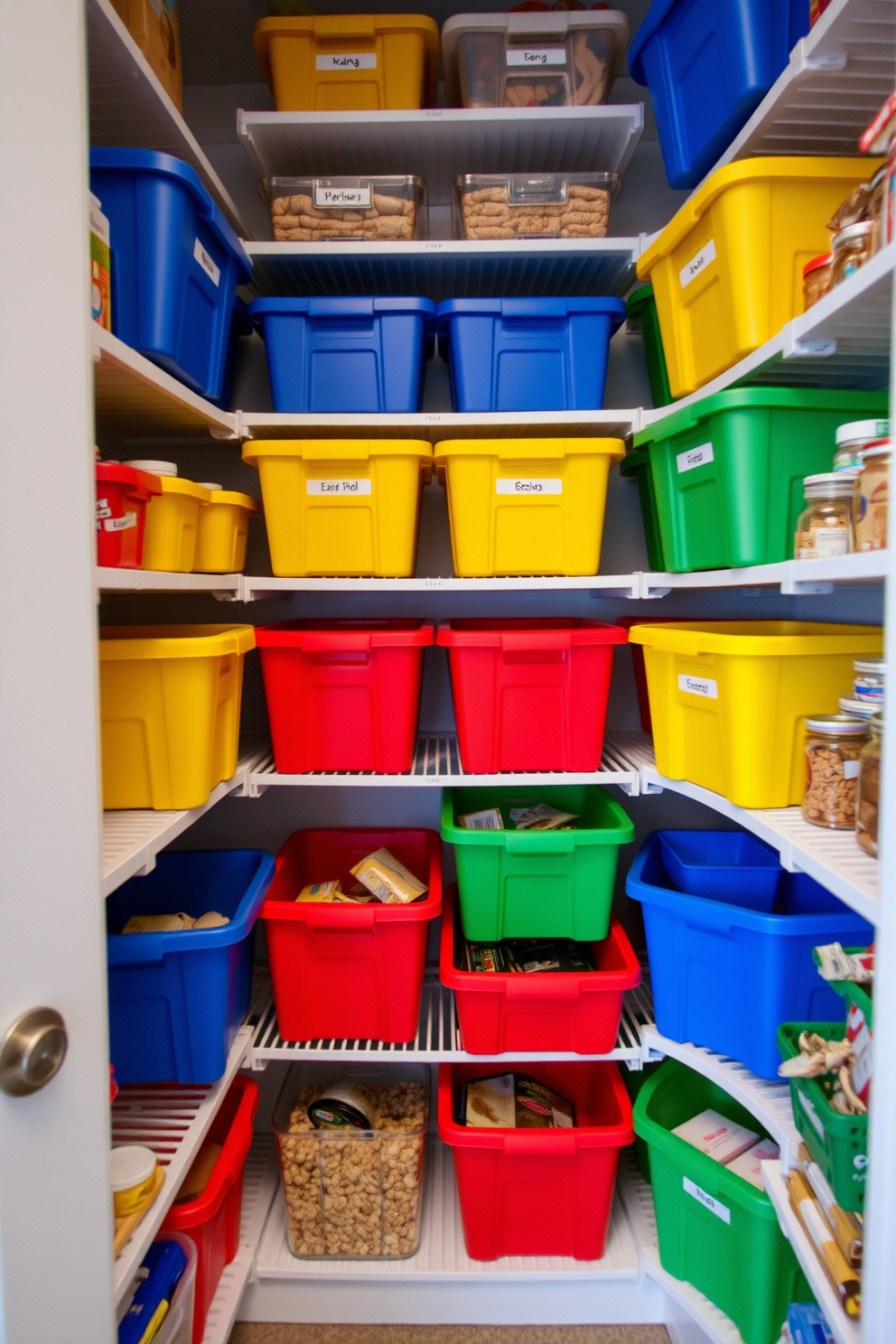 A well-organized closet pantry featuring color-coded bins for quick identification. The bins are arranged on sturdy shelves, with labels clearly marking their contents for easy access.