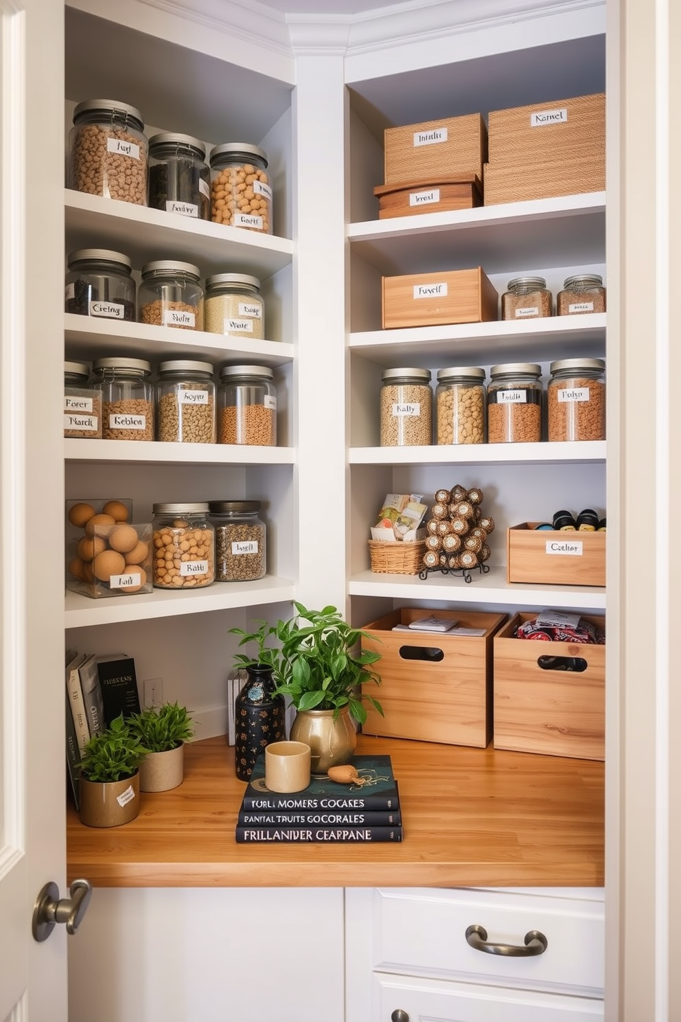 A stylish closet pantry featuring labeled containers for organizing pantry essentials. The shelves are filled with clear glass jars and wooden bins, each labeled for easy identification. The walls are painted in a soft neutral tone, creating a warm and inviting atmosphere. A wooden countertop provides a functional workspace, complemented by decorative elements like plants and cookbooks.