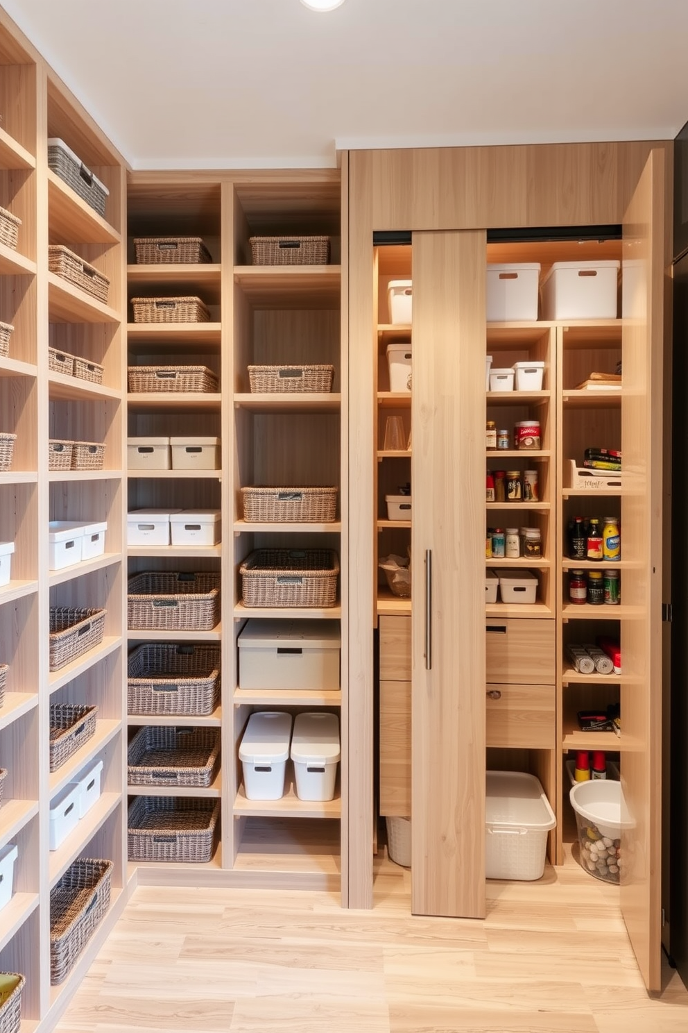 A vertical storage closet designed to maximize space features floor-to-ceiling shelving made of light wood. The shelves are filled with neatly organized bins and baskets, creating a clean and functional look. The pantry design incorporates pull-out drawers and adjustable shelving to accommodate various food items. A sliding door opens to reveal a well-lit interior with labeled containers for easy access and organization.