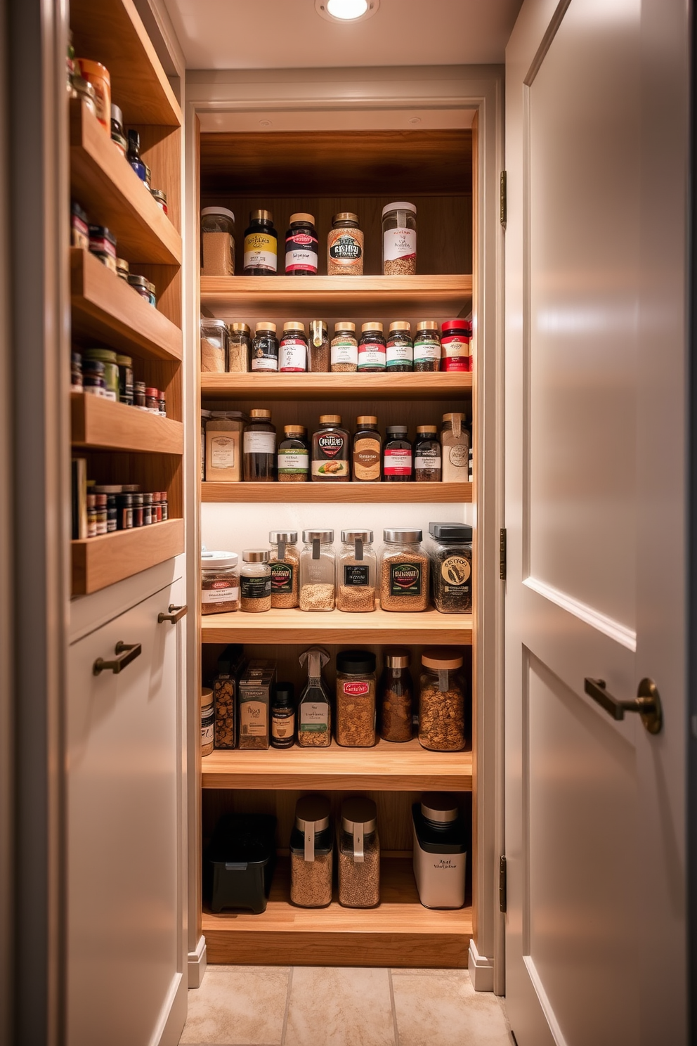 A cozy closet pantry featuring built-in spice racks for easy access and organization. The shelves are crafted from natural wood, providing a warm contrast to the light-colored walls and tiled flooring. The pantry is designed with ample storage space, allowing for both spices and dry goods to be neatly arranged. Soft, ambient lighting highlights the neatly organized jars and containers, creating an inviting atmosphere.