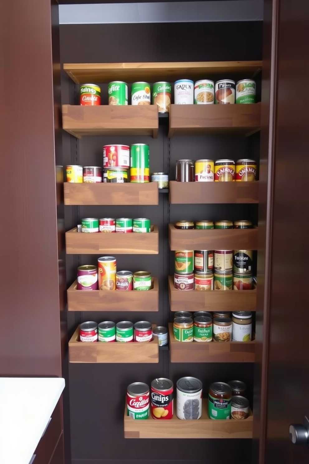 A stylish closet pantry featuring wall-mounted racks for canned goods. The racks are crafted from reclaimed wood, providing a rustic charm while maximizing storage space.