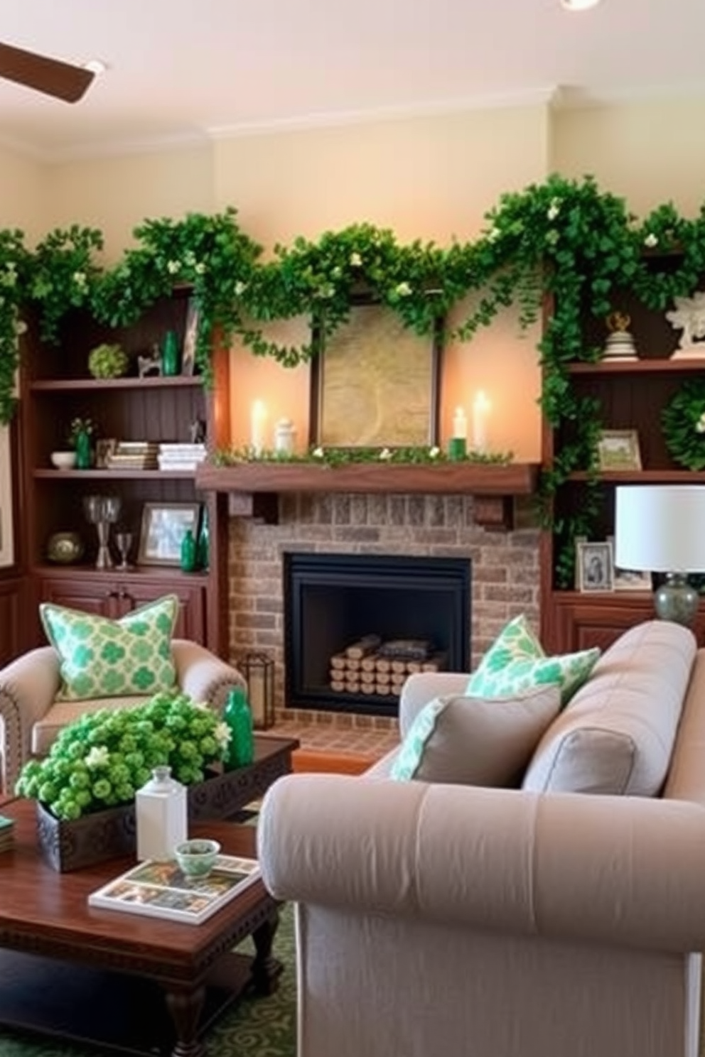 A cozy living room adorned with green shamrock garlands gracefully draping from the shelves. The space is filled with festive accents, creating a warm and inviting atmosphere for St. Patrick's Day celebrations.