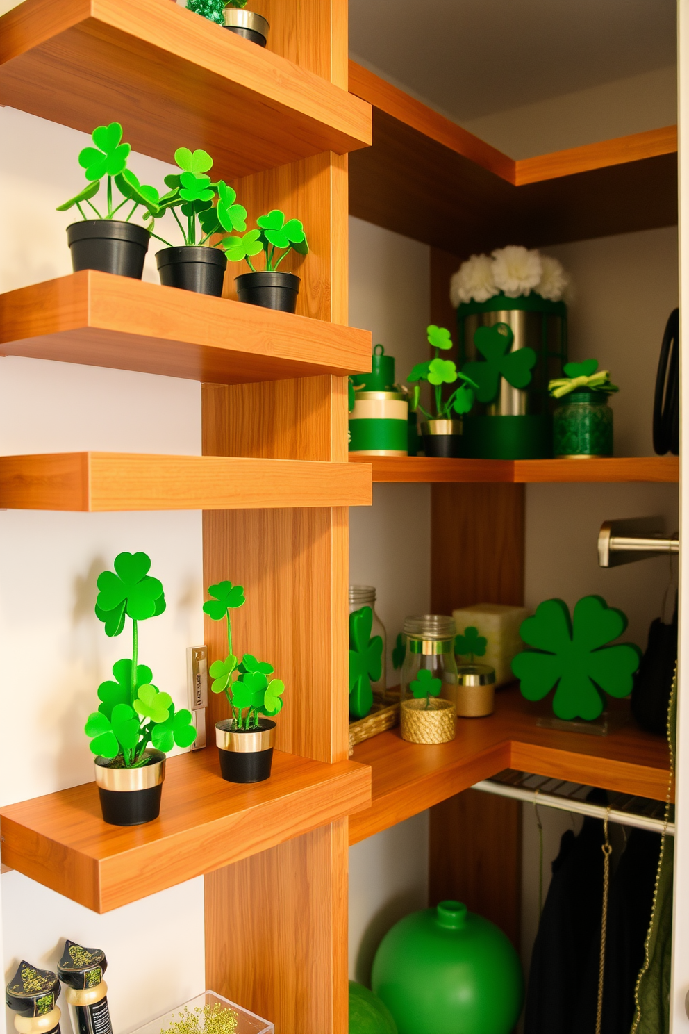 A charming display of mini potted shamrocks adorns the wooden shelves, bringing a touch of vibrant green to the space. The shelves are arranged in a staggered pattern, creating visual interest and enhancing the festive atmosphere of St. Patrick's Day. In the closet, decorative elements in shades of green and gold complement the shamrocks, adding a playful yet sophisticated flair. Soft lighting illuminates the closet, highlighting the seasonal decor and inviting a sense of celebration.