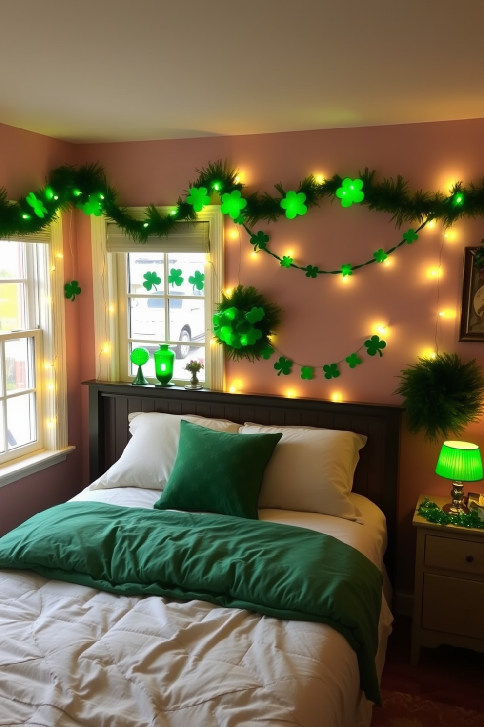 A cozy bedroom with string lights in green creating a warm ambiance. The walls are adorned with festive St. Patrick's Day decorations, including shamrocks and garlands.