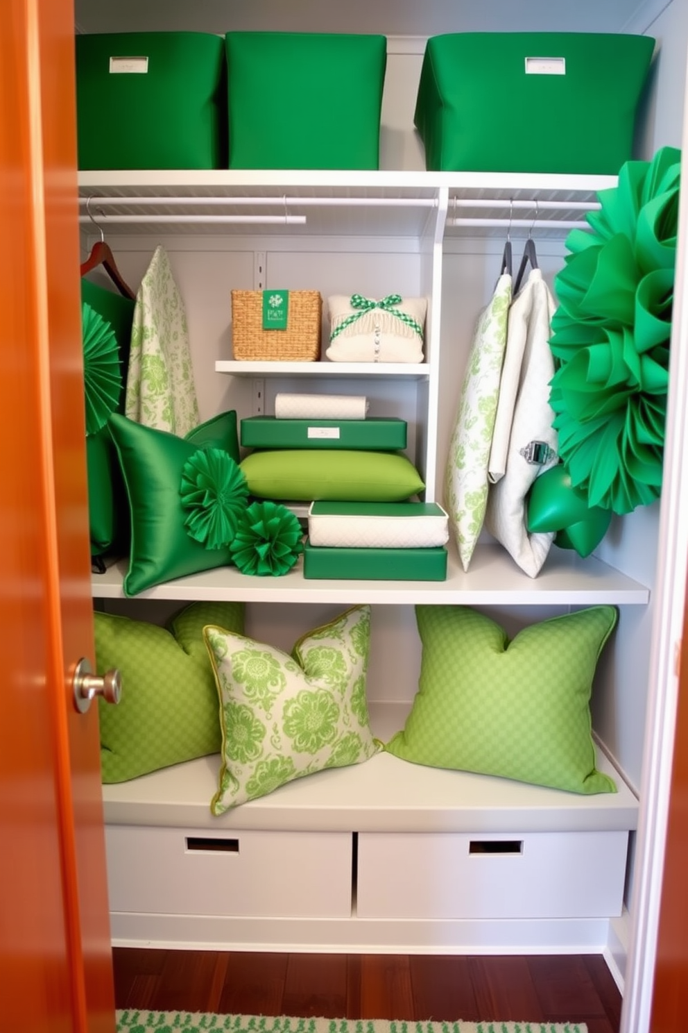 A stylish storage closet adorned with decorative green pillows. The closet features a mix of vibrant and neutral elements, creating a festive atmosphere for St. Patrick's Day.