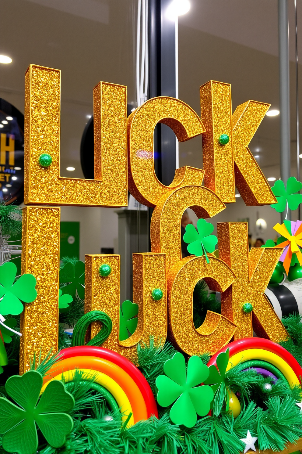 A festive display featuring gold glittery letters that spell out luck. The letters are adorned with green accents and surrounded by St. Patrick's Day themed decorations such as shamrocks and rainbows.