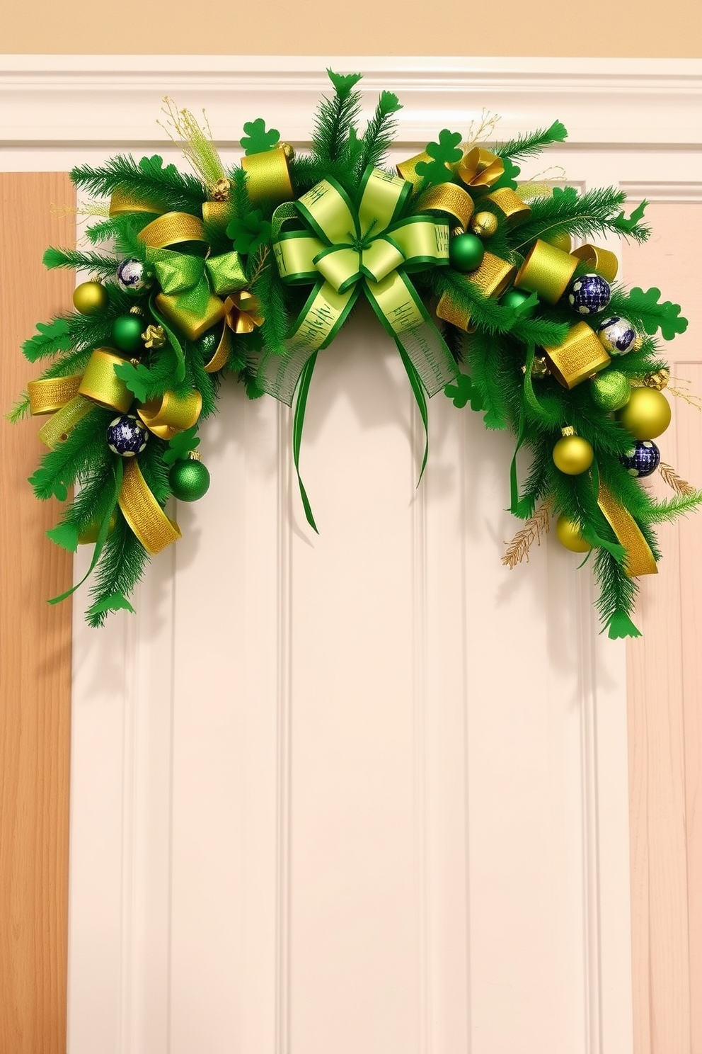 A vibrant seasonal wreath adorned with green and gold accents hangs on the closet door. The wreath features shamrocks, ribbons, and small festive ornaments, creating a cheerful St. Patrick's Day atmosphere.