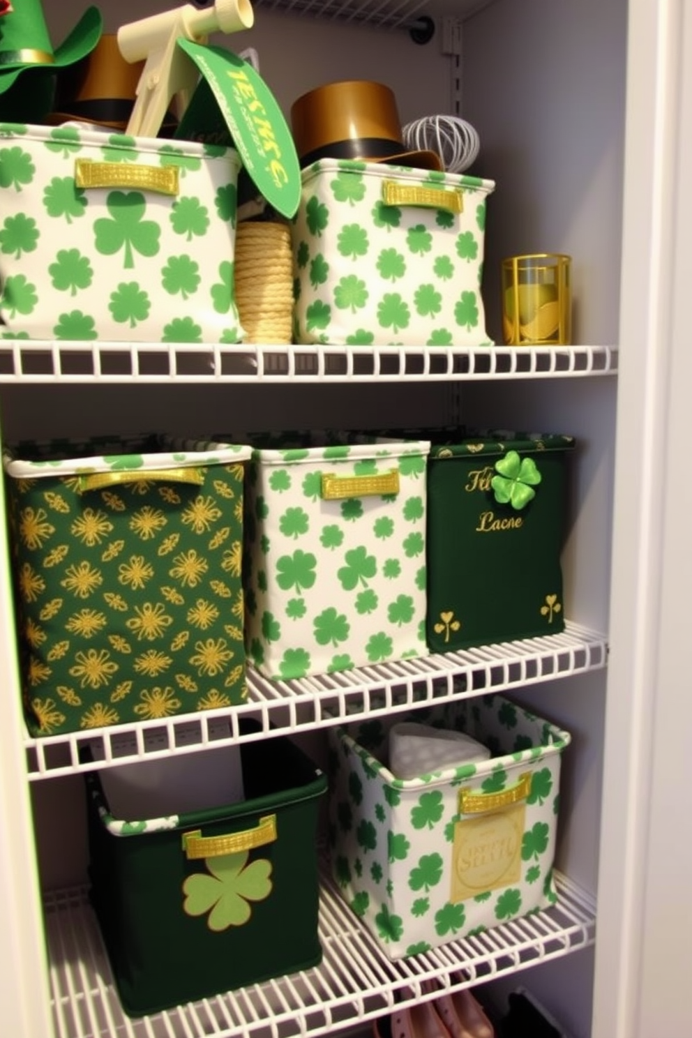 A charming closet decorated for St. Patrick's Day features green and gold patterned fabric bins that add a festive touch. The bins are neatly arranged on shelves, complementing the overall theme with a mix of shamrocks and gold accents.