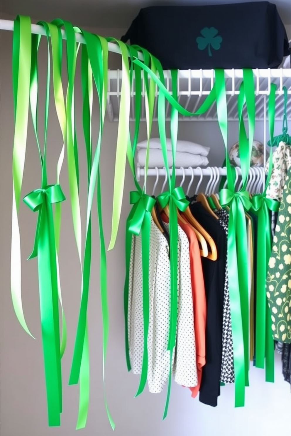 A festive St. Patrick's Day closet adorned with hanging green ribbons draping elegantly from the closet rods. The vibrant ribbons create a cheerful atmosphere, celebrating the spirit of the holiday while adding a touch of whimsy to the space.