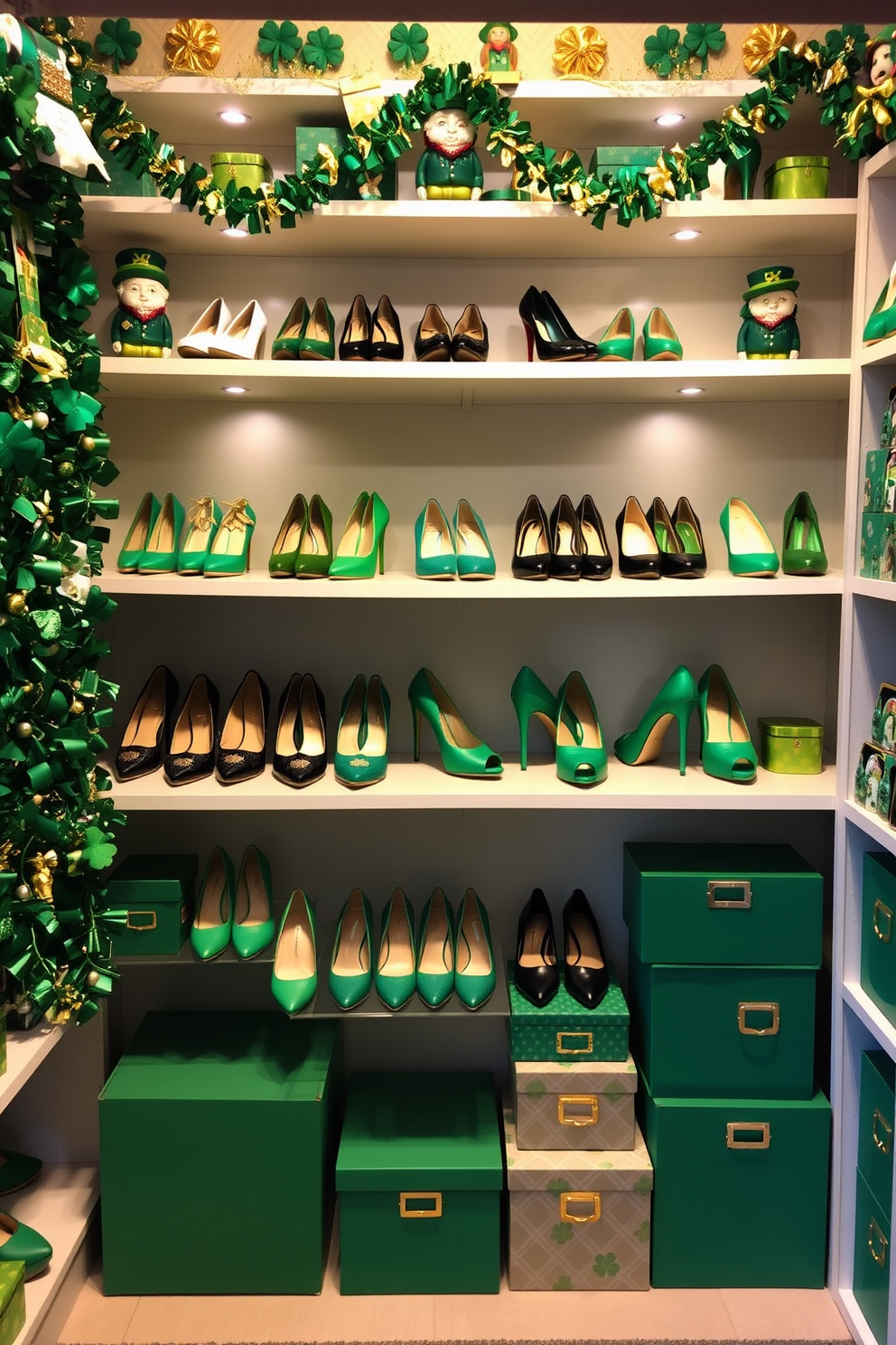 A vibrant shoe display for St Patrick's Day featuring a backdrop of green and gold accents. The shelves are adorned with festive decorations such as shamrocks and leprechaun figurines, showcasing an array of stylish shoes in various shades of green. The closet is organized with a mix of casual and formal footwear, each pair highlighted by soft lighting. Decorative elements like garlands of shamrocks and themed storage boxes add a playful touch to the overall design.