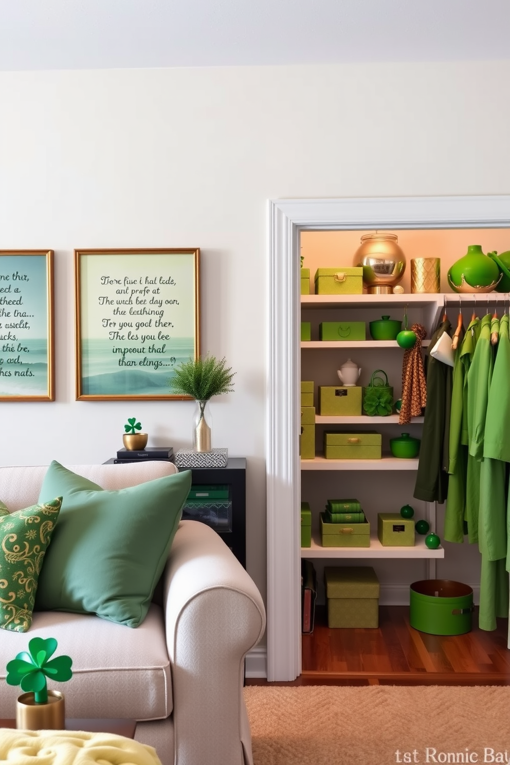 A cozy living room adorned with charming Irish quotes elegantly framed on the walls. The decor features subtle hints of green and gold, creating a festive atmosphere for St. Patrick's Day celebrations. A beautifully organized closet showcases vibrant green accessories and themed decorations. Shelves are lined with decorative boxes, and a small potted shamrock adds a touch of whimsy.