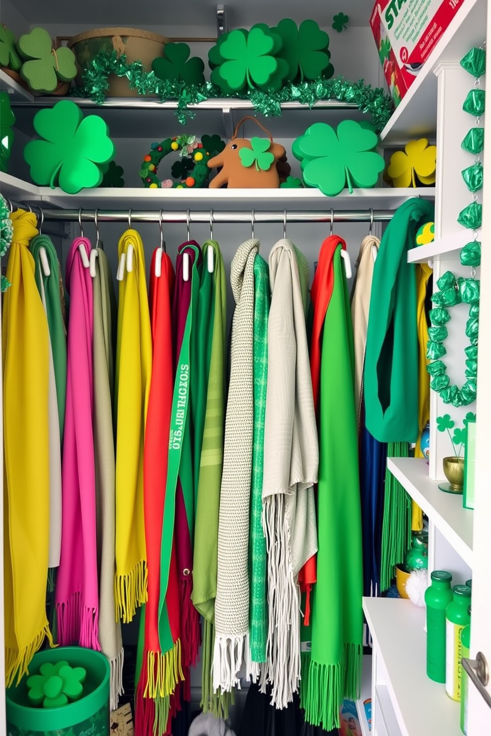 A vibrant closet adorned with colorful scarves elegantly draped over stylish rods. The space is infused with festive St. Patrick's Day decorations, featuring shamrock accents and green-themed accessories that enhance the cheerful atmosphere.