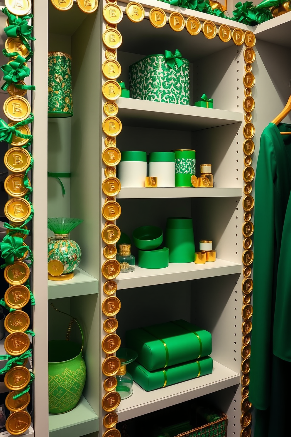 A stylish closet adorned with gold coin accents on the shelves creates a luxurious and festive atmosphere. The shelves are filled with green and gold decor, perfect for celebrating St. Patrick's Day.