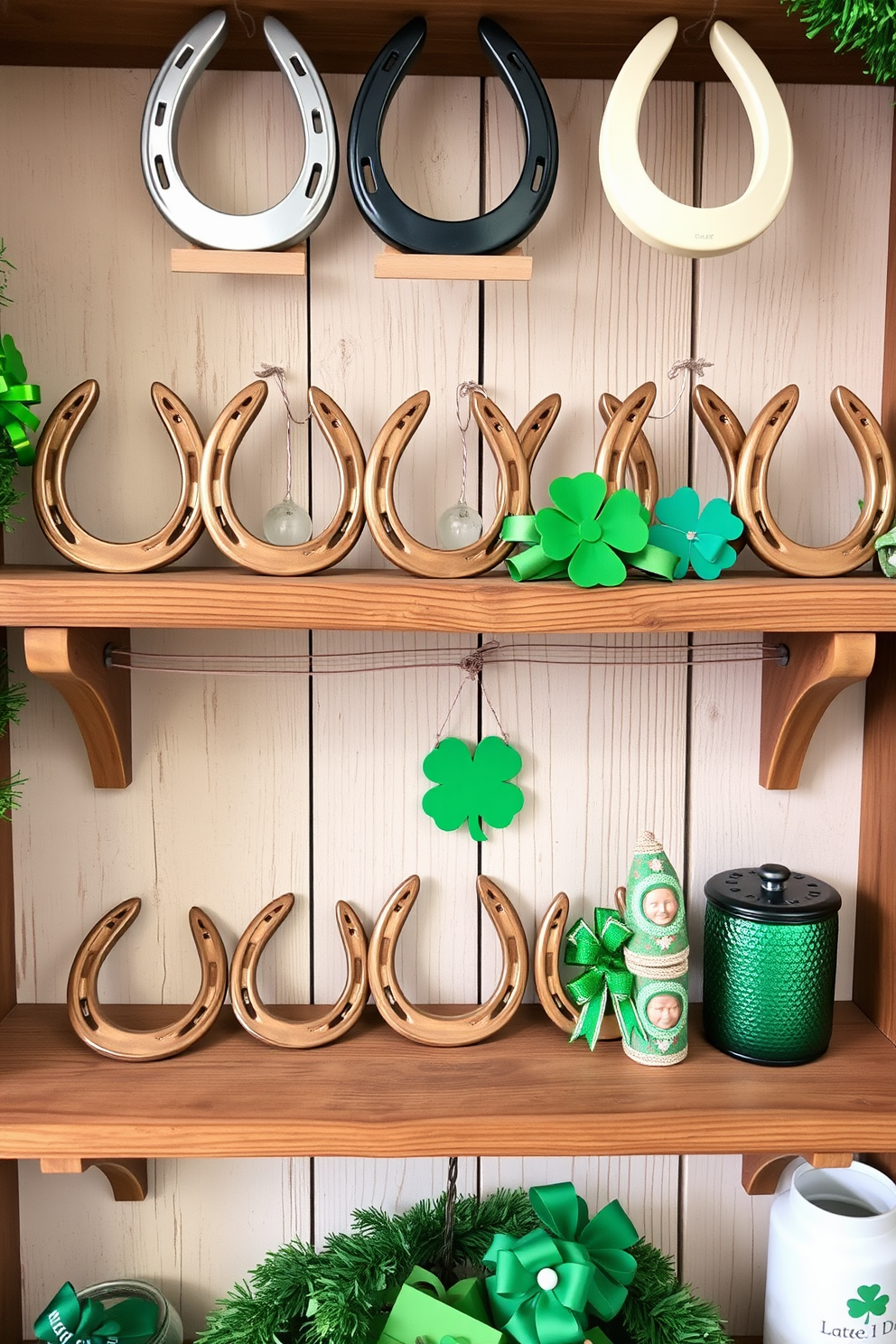 A charming display featuring lucky horseshoes arranged on rustic wooden shelves. The shelves are adorned with green accents and festive decorations that evoke the spirit of St. Patrick's Day.