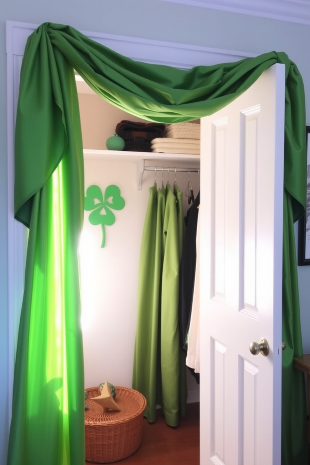 A cozy closet space is adorned with lush green curtains that elegantly frame the entrance. The vibrant fabric adds a touch of freshness, creating a lively atmosphere perfect for St. Patrick's Day decorating ideas.