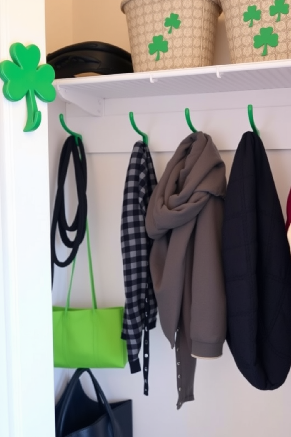 A cozy closet space adorned with shamrock-shaped hooks for hanging accessories. The hooks are painted in a vibrant green, adding a festive touch for St. Patrick's Day decorating ideas.