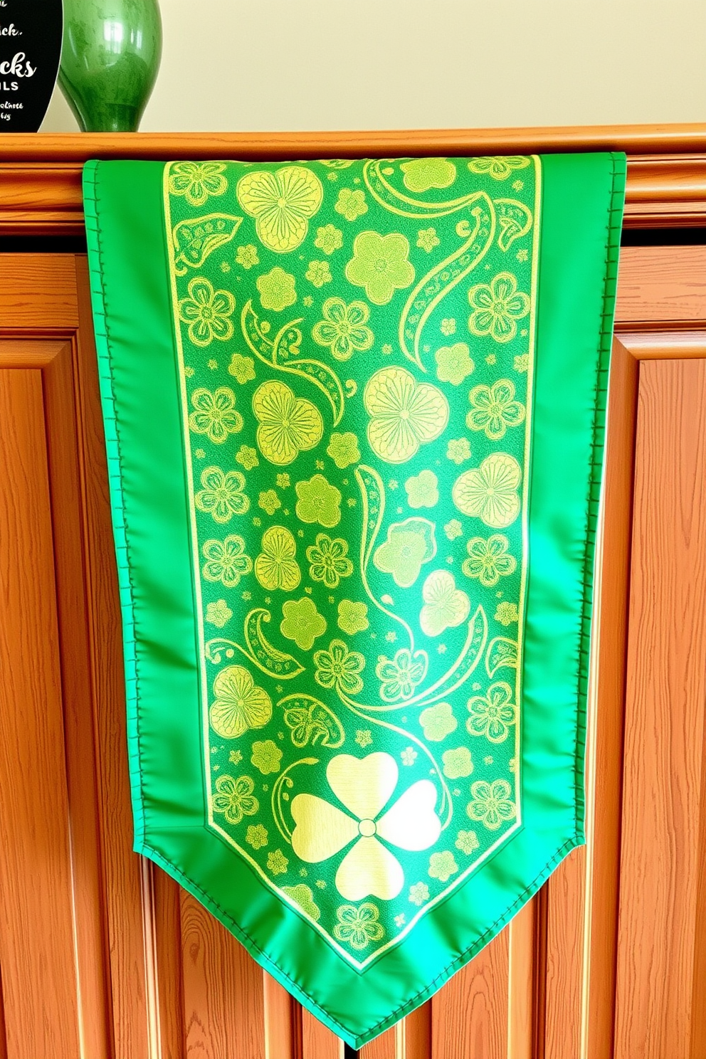 A festive table runner drapes elegantly across the top of a wooden closet. The runner features vibrant green and gold patterns, perfect for celebrating St. Patrick's Day.