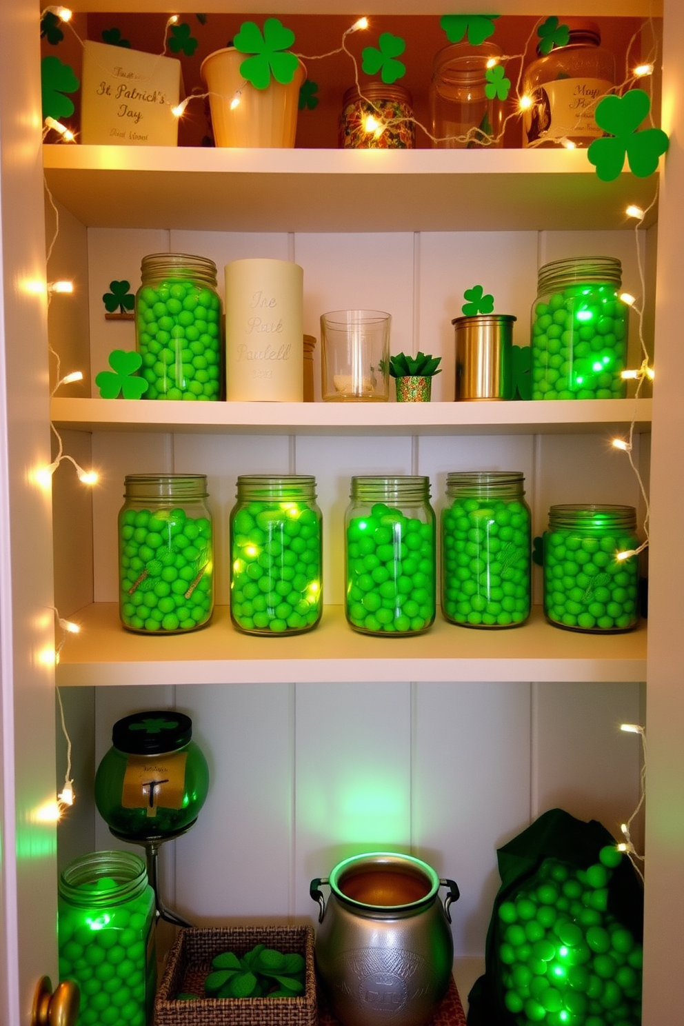 A charming closet adorned for St. Patrick's Day features decorative jars filled with vibrant green candies. The shelves are lined with festive decorations, including shamrock accents and twinkling fairy lights, creating a joyful and inviting atmosphere.