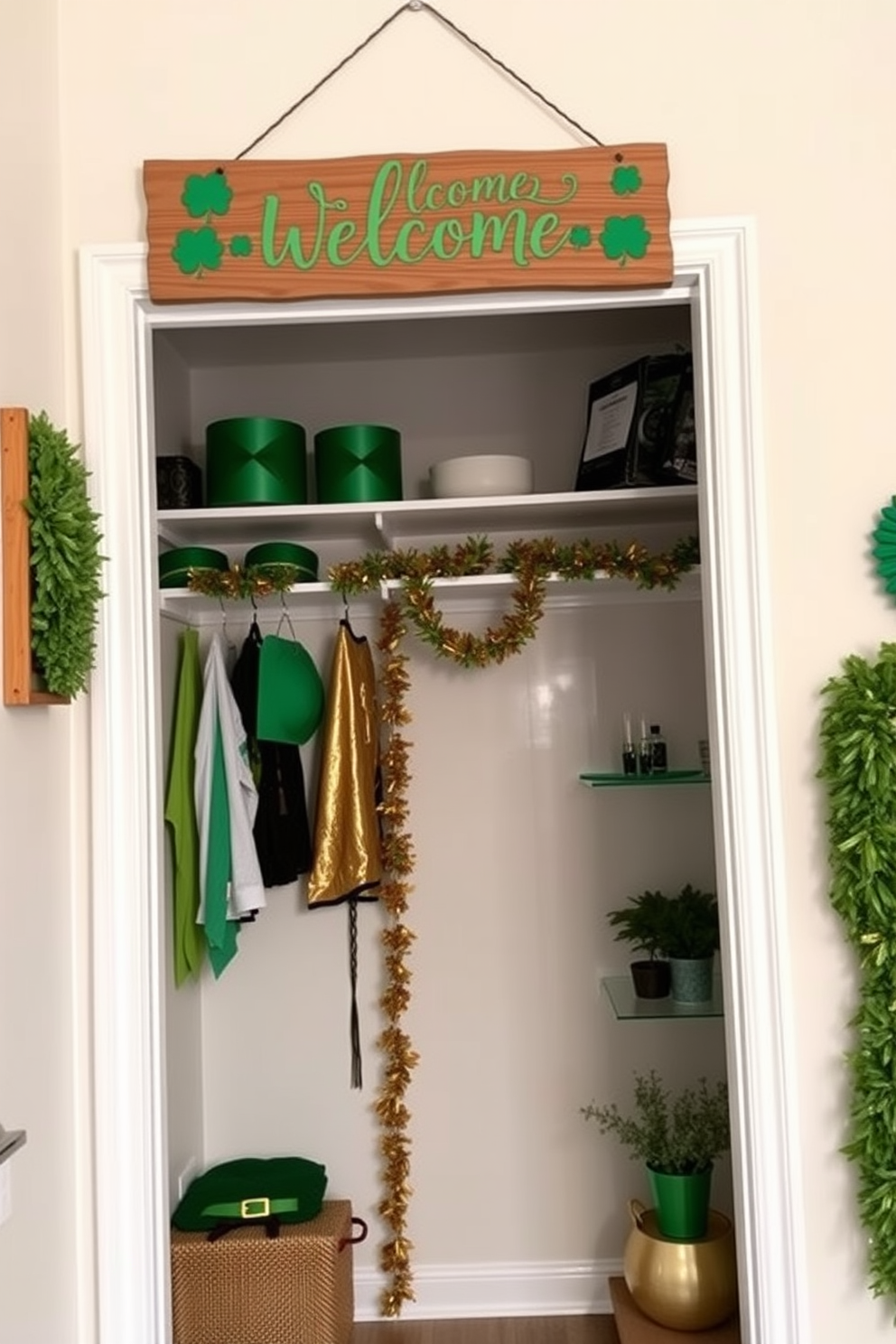 A cozy and inviting entryway decorated for St. Patrick's Day. A personalized wooden sign hangs on the wall, featuring cheerful green lettering and shamrock designs, welcoming guests to celebrate the holiday. The closet area is adorned with festive decorations, including green and gold accents. Shelves are lined with themed items such as hats, garlands, and small potted plants, creating a playful and festive atmosphere.