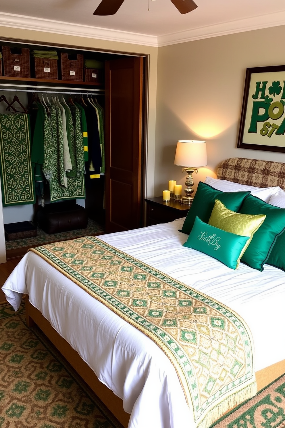 A cozy bedroom featuring a large closet adorned with Celtic patterned rugs that add texture and charm to the space. The room is decorated with St. Patrick's Day accents, including green and gold throw pillows on the bed and festive wall art that celebrates the holiday spirit.