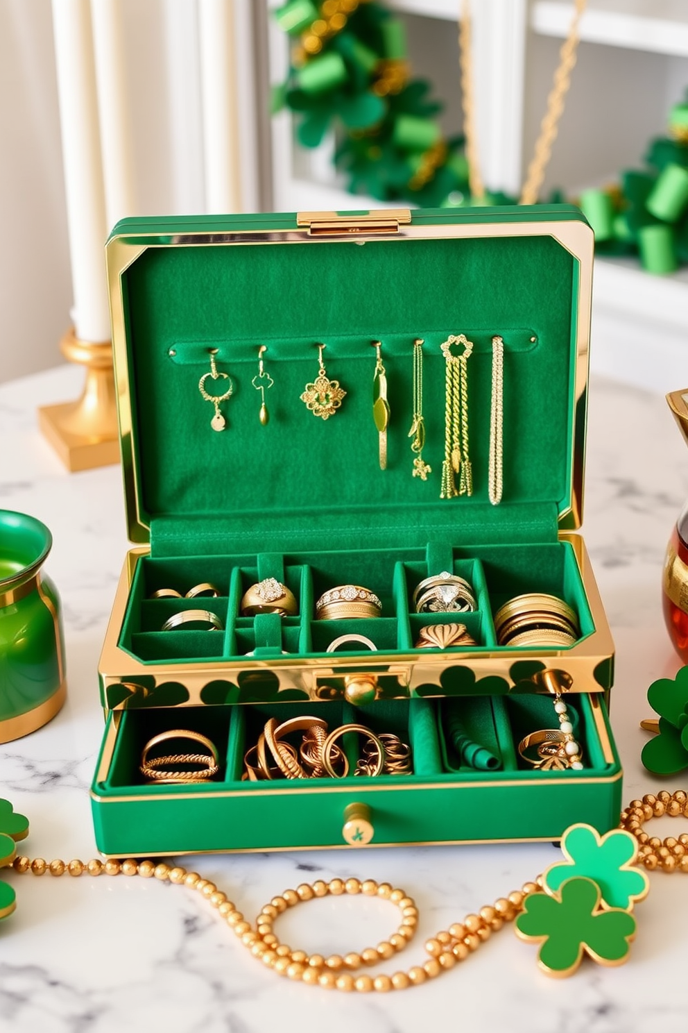 A stylish jewelry organizer in green and gold finishes. The design features multiple compartments for rings, necklaces, and bracelets, elegantly displayed on a velvet-lined surface. Creative St. Patrick's Day decorating ideas for a festive atmosphere. Incorporate shamrock motifs, green table settings, and gold accents to enhance the celebratory spirit.