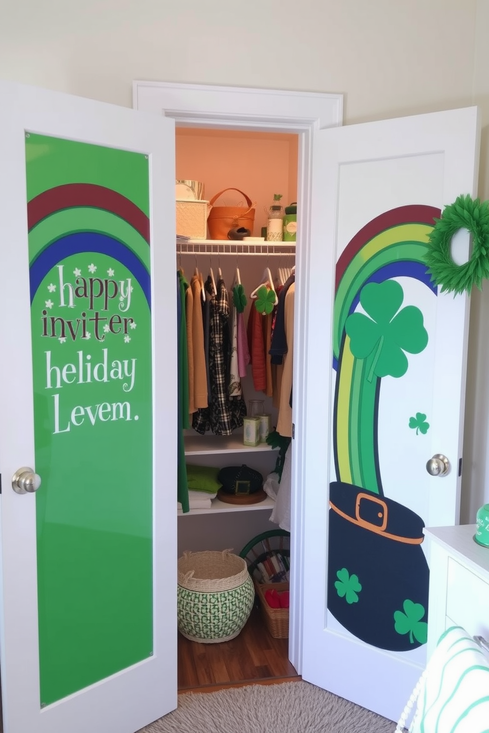 Seasonal artwork is creatively displayed on the doors, enhancing the festive atmosphere of the room. The vibrant colors and playful designs invite a cheerful spirit, making it perfect for St. Patrick's Day celebrations. The closet is adorned with themed decorations that reflect the holiday's charm. Green accents, shamrocks, and whimsical touches bring a touch of luck and joy to the space.