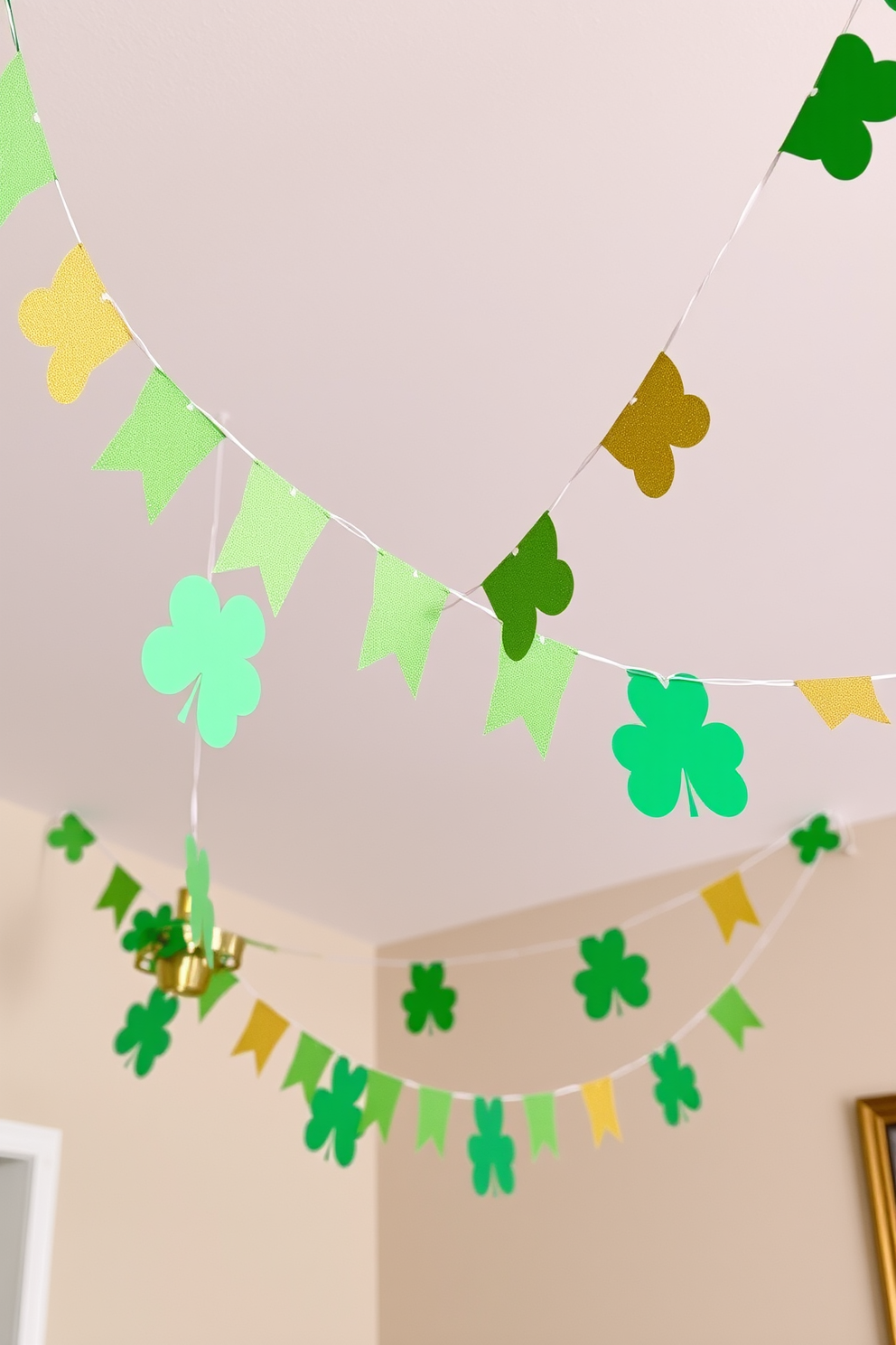 Hanging green and gold banners create a festive atmosphere for St. Patrick's Day celebrations. The vibrant colors contrast beautifully with the neutral walls, adding a touch of charm and whimsy to the space.