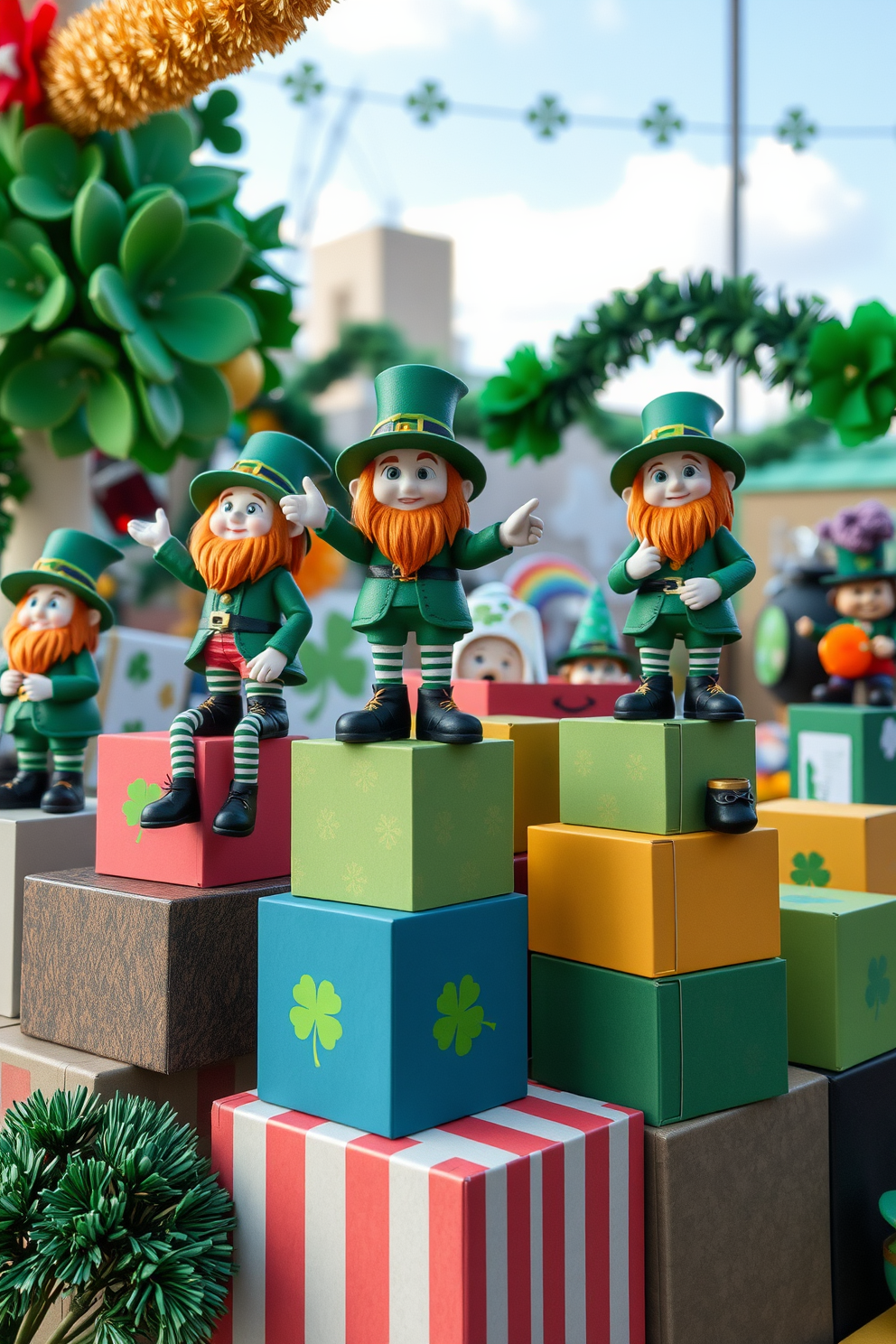 A whimsical display featuring leprechaun figurines cheerfully perched atop colorful boxes. The scene is infused with festive St. Patrick's Day decorations, creating a playful and inviting atmosphere.