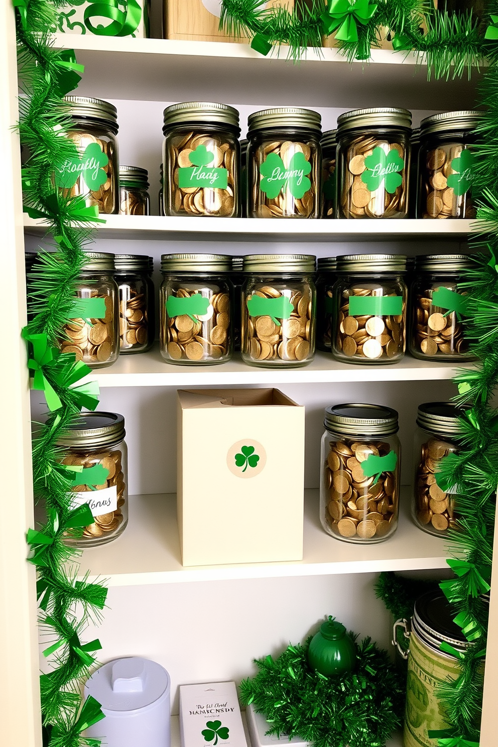 A charming closet adorned with lucky penny jars neatly arranged on the shelves. The jars are filled with shiny coins and surrounded by festive green decorations for St. Patrick's Day.