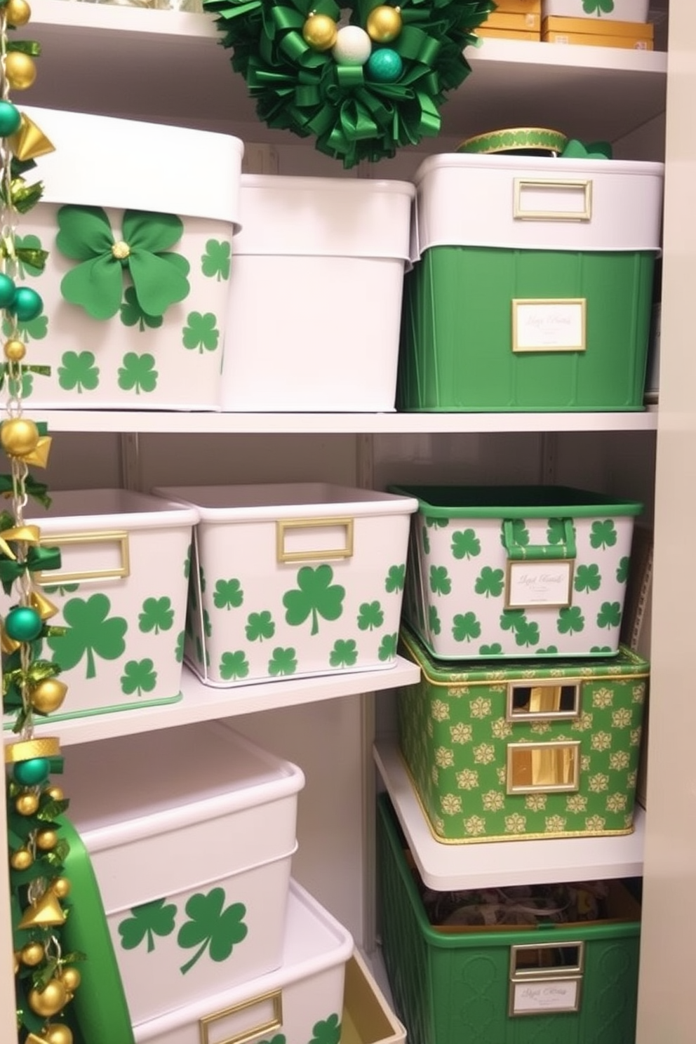 A festive closet adorned with green and gold storage bins creates a cheerful atmosphere for St. Patrick's Day. The bins are neatly organized, showcasing a mix of shamrock patterns and gold accents that bring a touch of elegance to the festive decor.