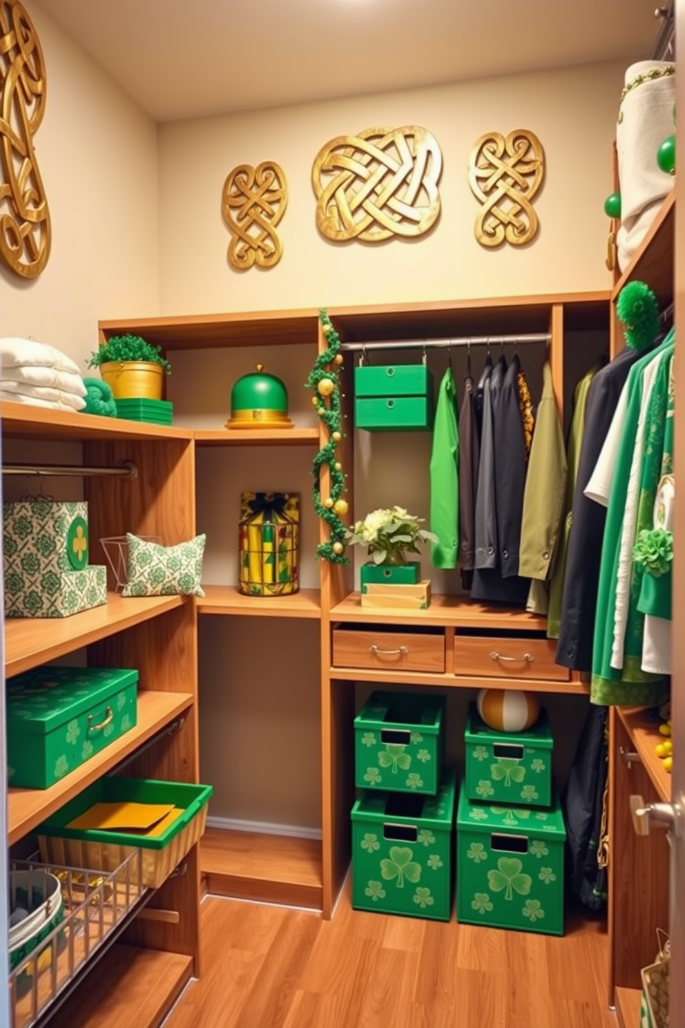 Celtic knot wall art adorns the walls of a spacious closet, creating a unique and cultural focal point. The intricate designs in earthy tones blend seamlessly with the wooden shelves and hanging rods. For St. Patrick's Day, the closet is decorated with vibrant green accents and festive touches. Shamrock-patterned storage boxes and gold accents enhance the celebratory atmosphere while maintaining an organized space.