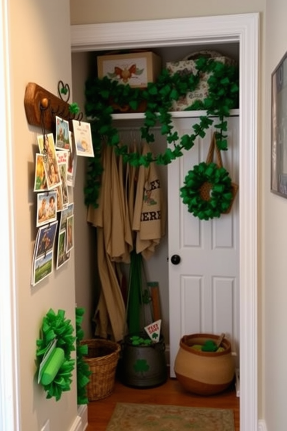 A charming entryway featuring vintage postcards displayed on rustic hooks. The postcards are a mix of vibrant colors and designs, adding a nostalgic touch to the space. The closet is adorned with festive St. Patrick's Day decorations, including green garlands and shamrock accents. Soft lighting highlights the cheerful decor, creating a warm and inviting atmosphere.