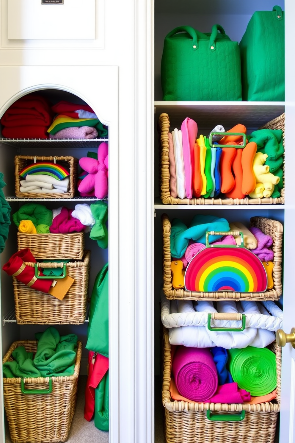 A vibrant closet filled with rainbow colored accessories neatly arranged in woven baskets. Each basket showcases a different color, creating a cheerful and inviting atmosphere perfect for St. Patrick's Day decorating ideas.