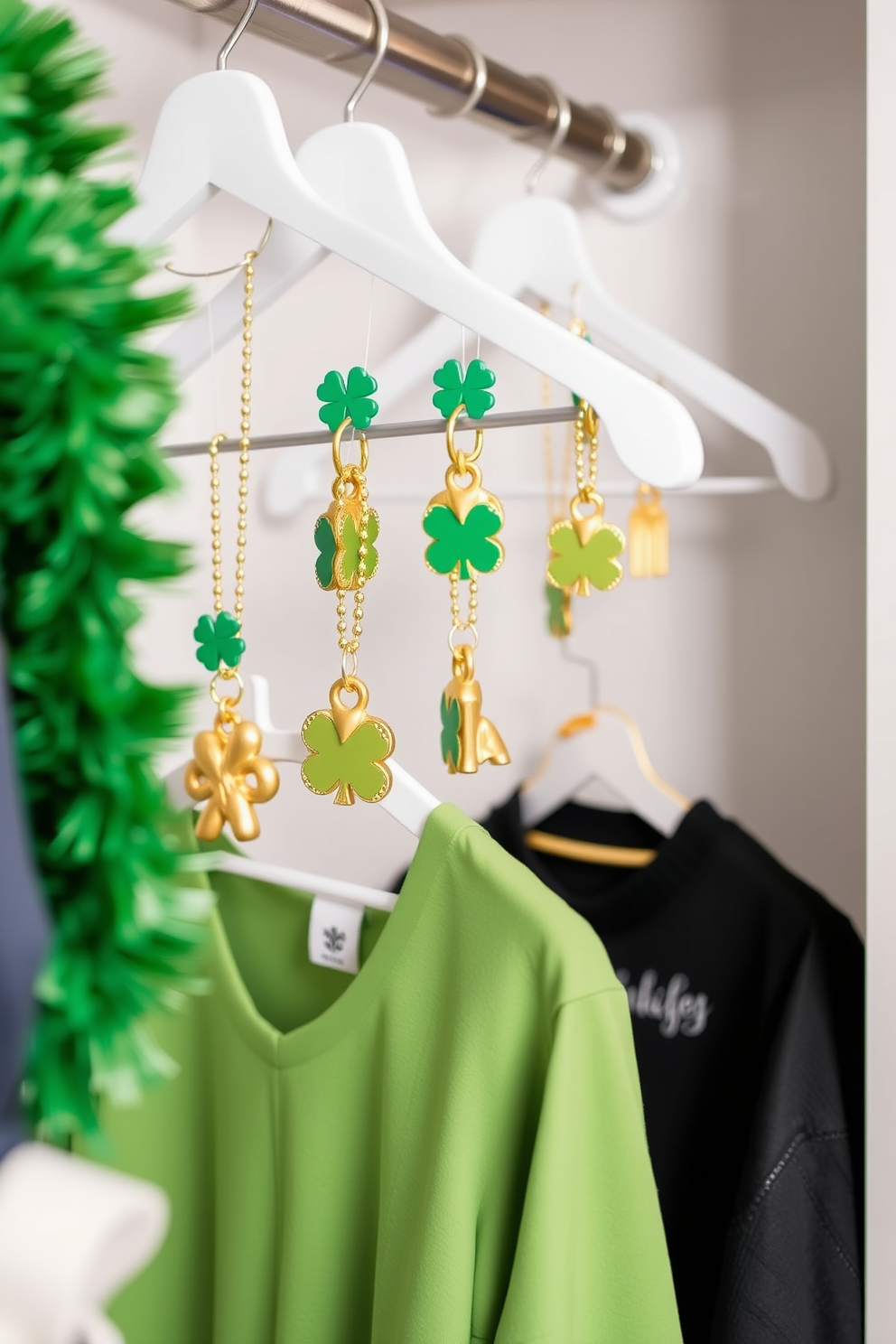 Create a charming closet display adorned with lucky charm decorations on hangers. Incorporate elements like green and gold accents to celebrate St. Patrick's Day, enhancing the festive atmosphere.