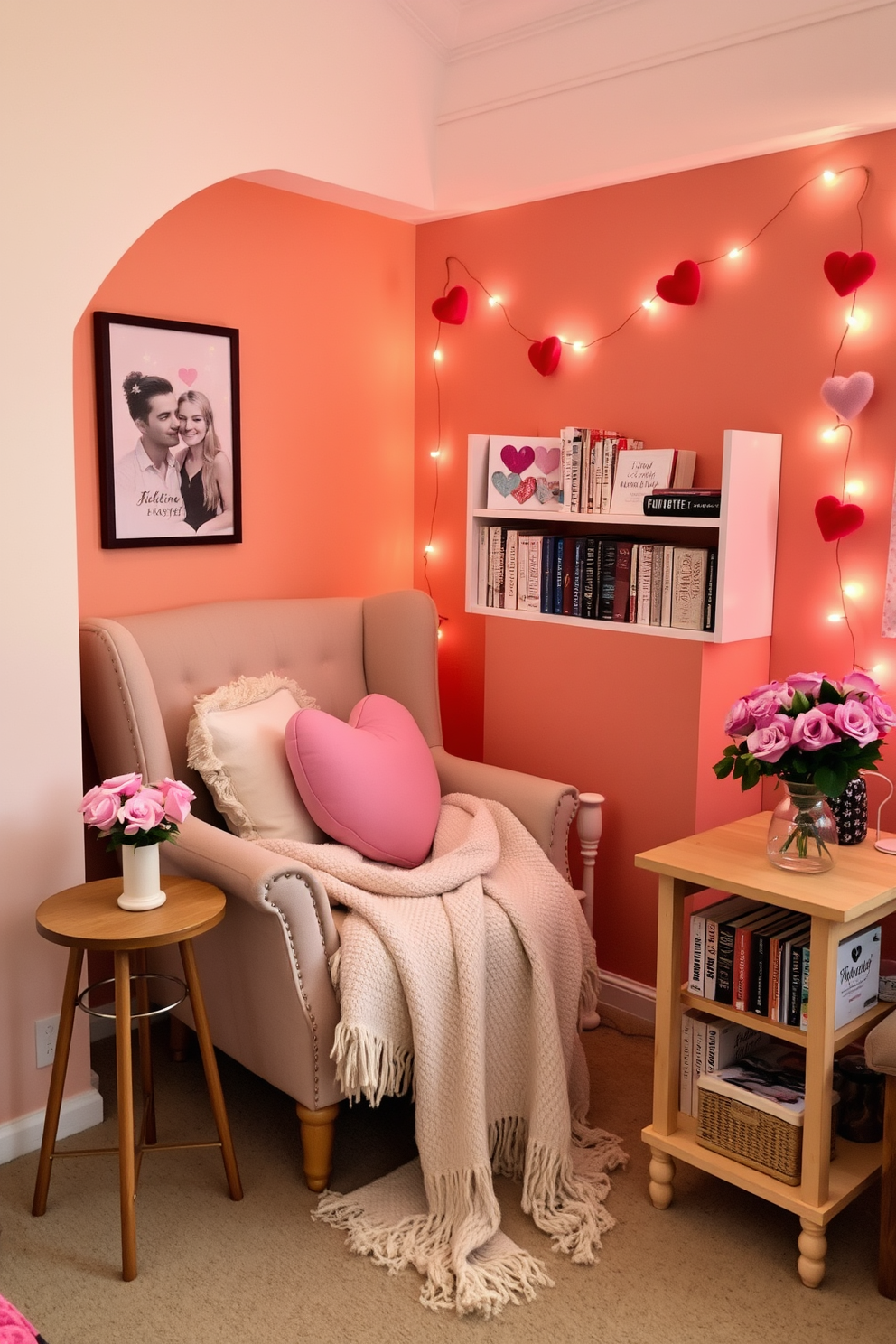 Cozy reading nook filled with soft cushions and heart-shaped pillows. A plush armchair is positioned next to a small wooden side table, creating an inviting space for relaxation. The walls are adorned with warm, pastel colors, and a soft throw blanket drapes over the chair. A small bookshelf filled with favorite novels stands nearby, enhancing the cozy atmosphere. For Valentine's Day decorating ideas, incorporate romantic accents like heart-shaped garlands and soft fairy lights. A vase of fresh roses on the table adds a touch of elegance to the space.