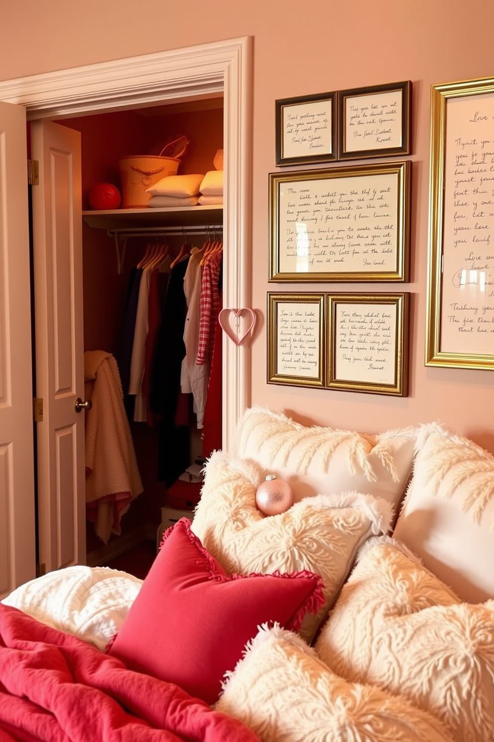 Framed love letters elegantly adorn the walls, each piece showcasing beautiful handwriting and sentimental messages. The warm hues of the frames complement the soft lighting, creating a romantic ambiance. A spacious closet is decorated for Valentine's Day with delicate heart-shaped ornaments and soft pink accents. Plush pillows and cozy throws in shades of red and white invite warmth and comfort, perfect for a loving retreat.