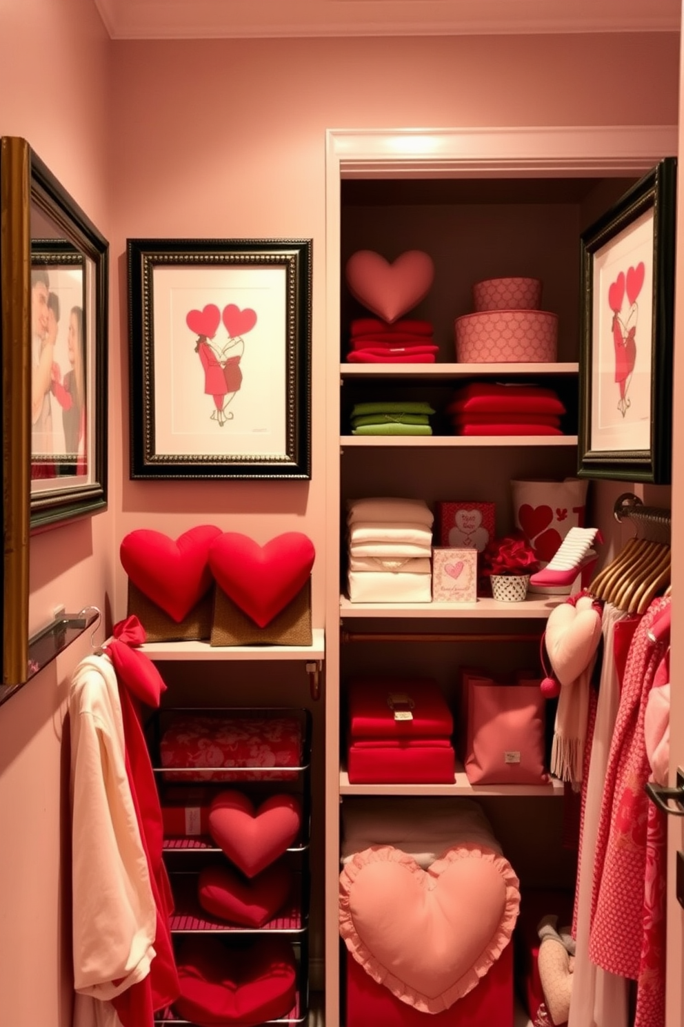 Valentine themed artwork in elegant frames adorns the walls, featuring romantic imagery in soft pastel colors. The artwork creates a warm and inviting atmosphere, perfect for celebrating love. A beautifully organized closet showcases Valentine's Day decorating ideas, with coordinated colors and themed accessories. Heart-shaped decor items and festive textiles add a playful touch to the space, making it feel special and festive.