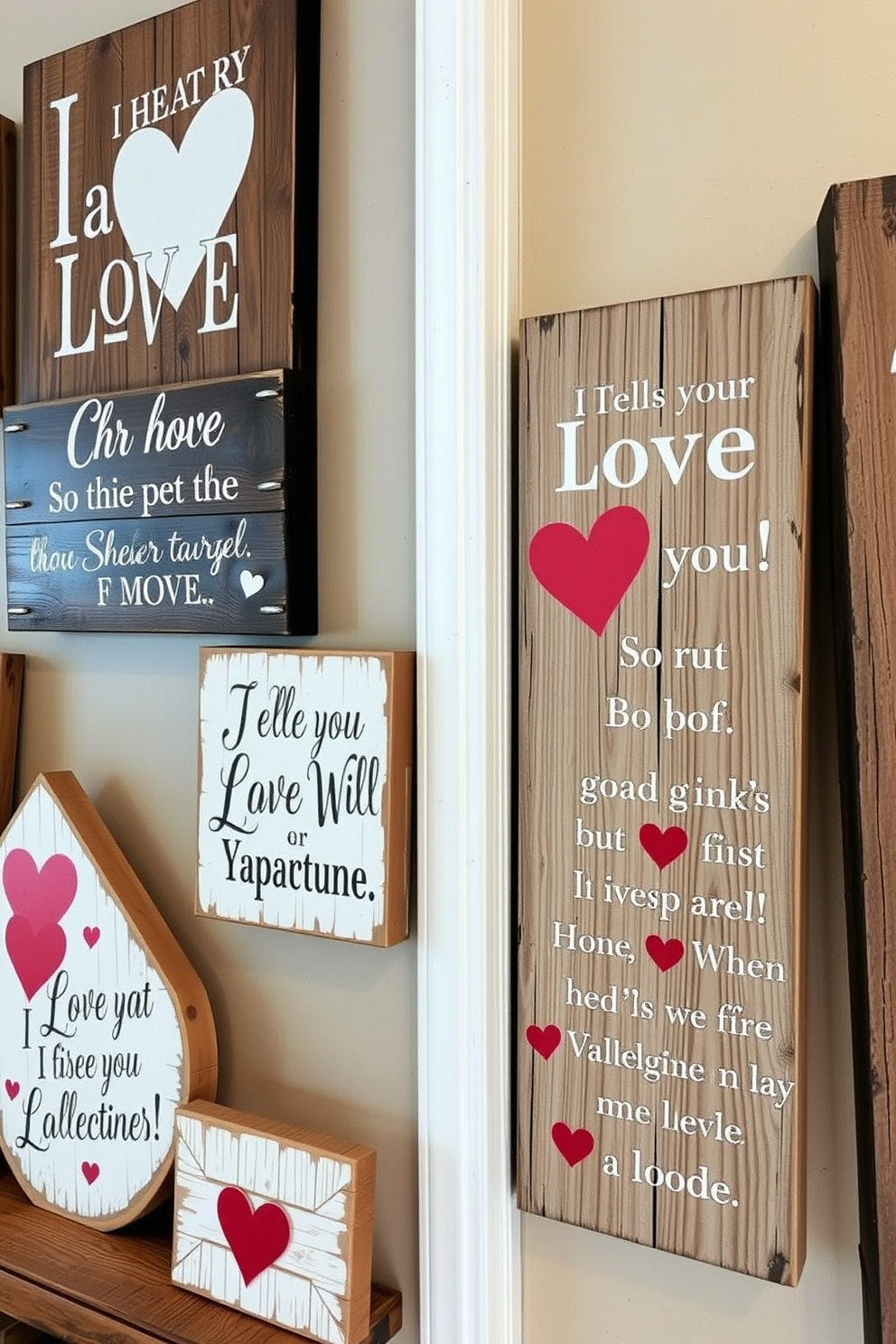 Rustic wooden signs adorned with heartfelt love messages create a warm and inviting atmosphere. These charming decorations can be hung on walls or placed on shelves to enhance your Valentine's Day decor.